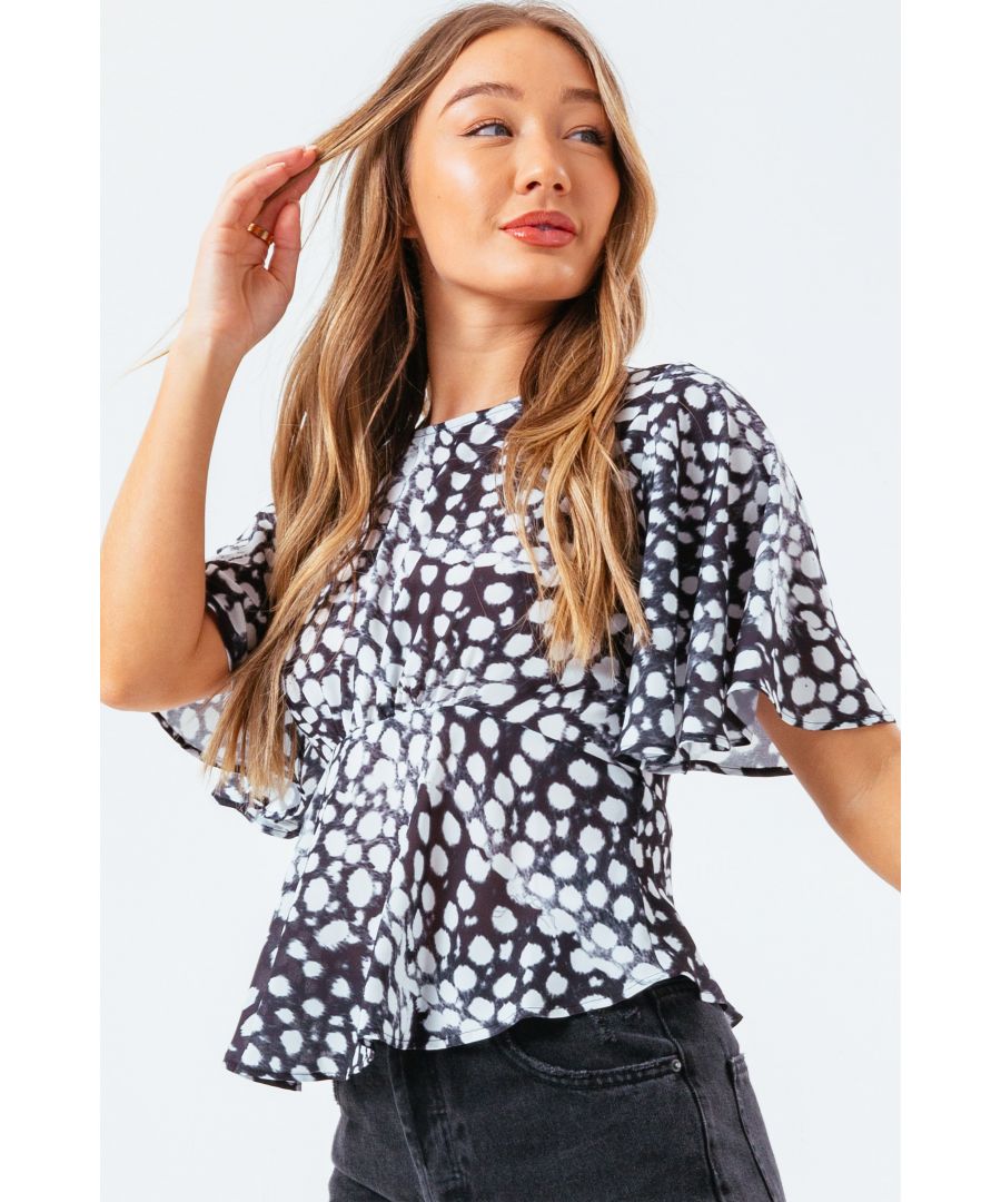 Introducing The HYPE. Women's Dalmatian Blouse. Designed in a monochrome colour palette in our standard Eve Blouse Shape. In 100% woven fabric for the ultimate comfort and wear. With a crew neckline and floaty sleeves. Finished with a back fastening. Wear with black skinny fit jeans. Machine Washable.