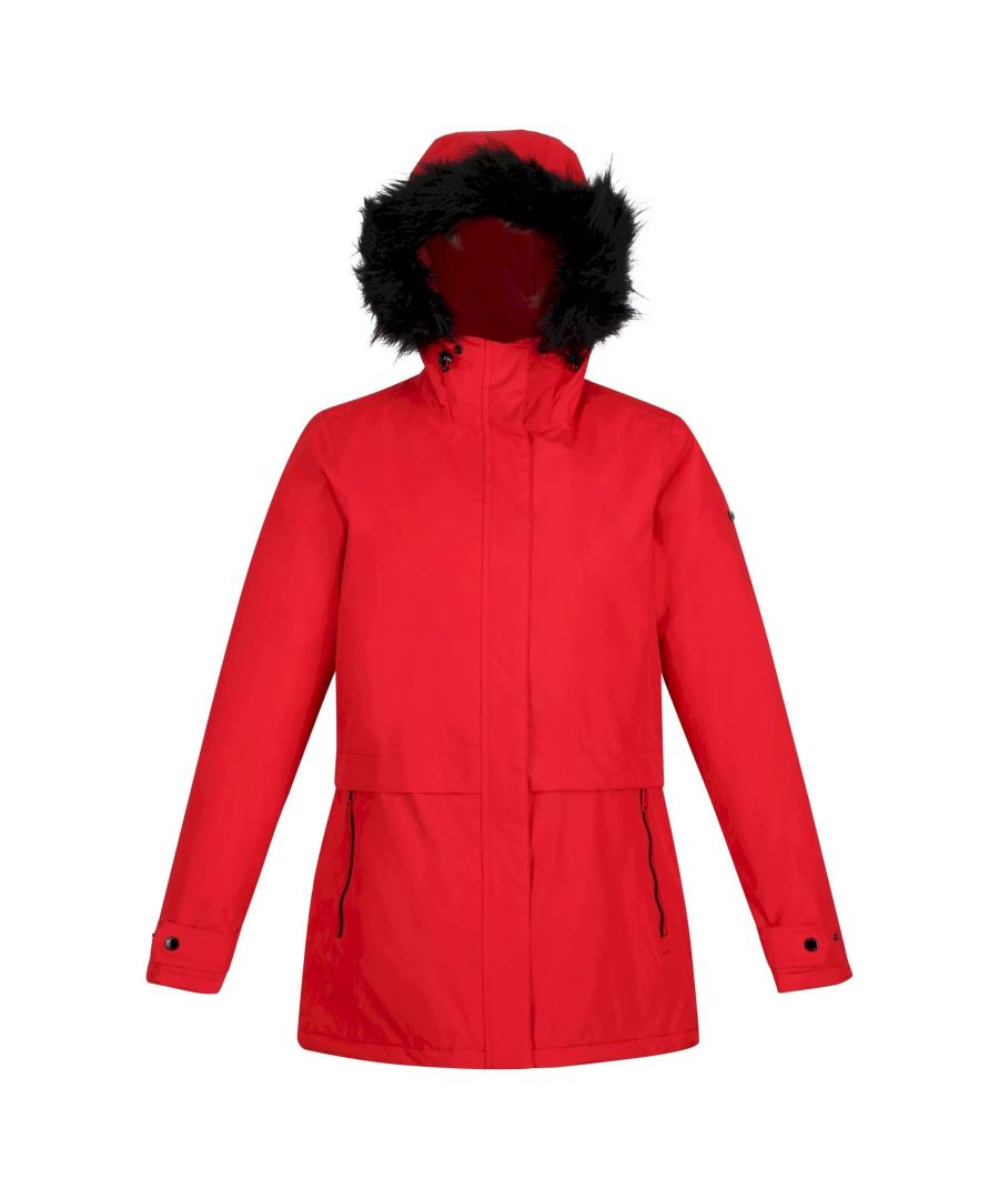 Material: 100% Polyester. Fabric: Hydrafort. Lining: Taffeta. Design: Badge. Fabric Technology: DWR Finish, Insulating, Quick Dry, Thermo-Guard, Waterproof, Windproof. Taped Seams. Cuff: Adjustable, Snap Fastening. Neckline: Hooded. Sleeve-Type: Long-Sleeved. Hood Features: Adjustable, Faux Fur Trim, Grown On Hood. Pockets: 2 Side Pockets, Zip, 1 Chest Pocket, Inner. Fastening: Zip.