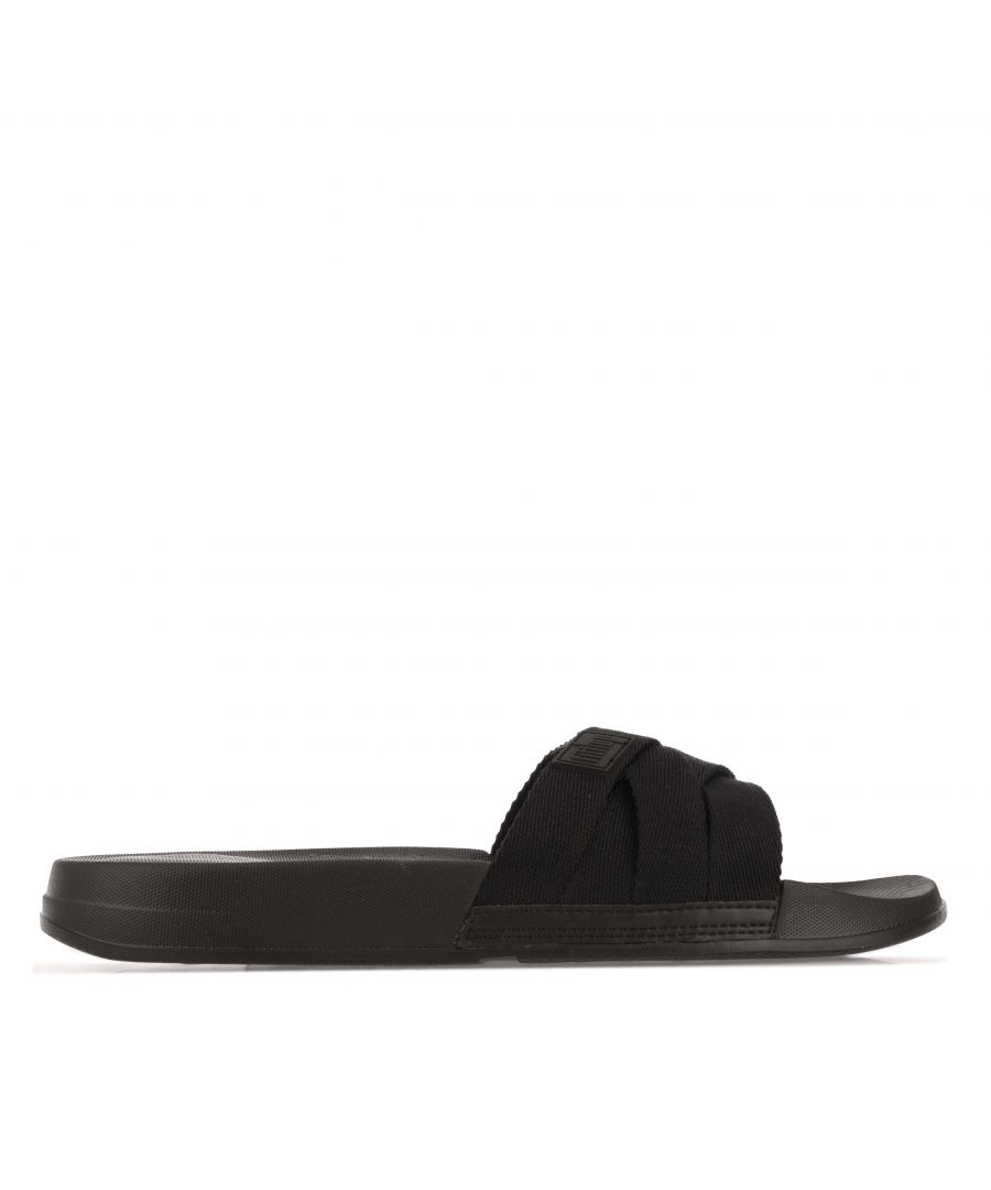 Womens Fit Flop iQushion Multi- Strap Slide Sandals in black.- Textile upper.- Slip on fasteninig.- Four interwoven webbing straps.- Embossed-rubber logo.- Ref: EQ1090