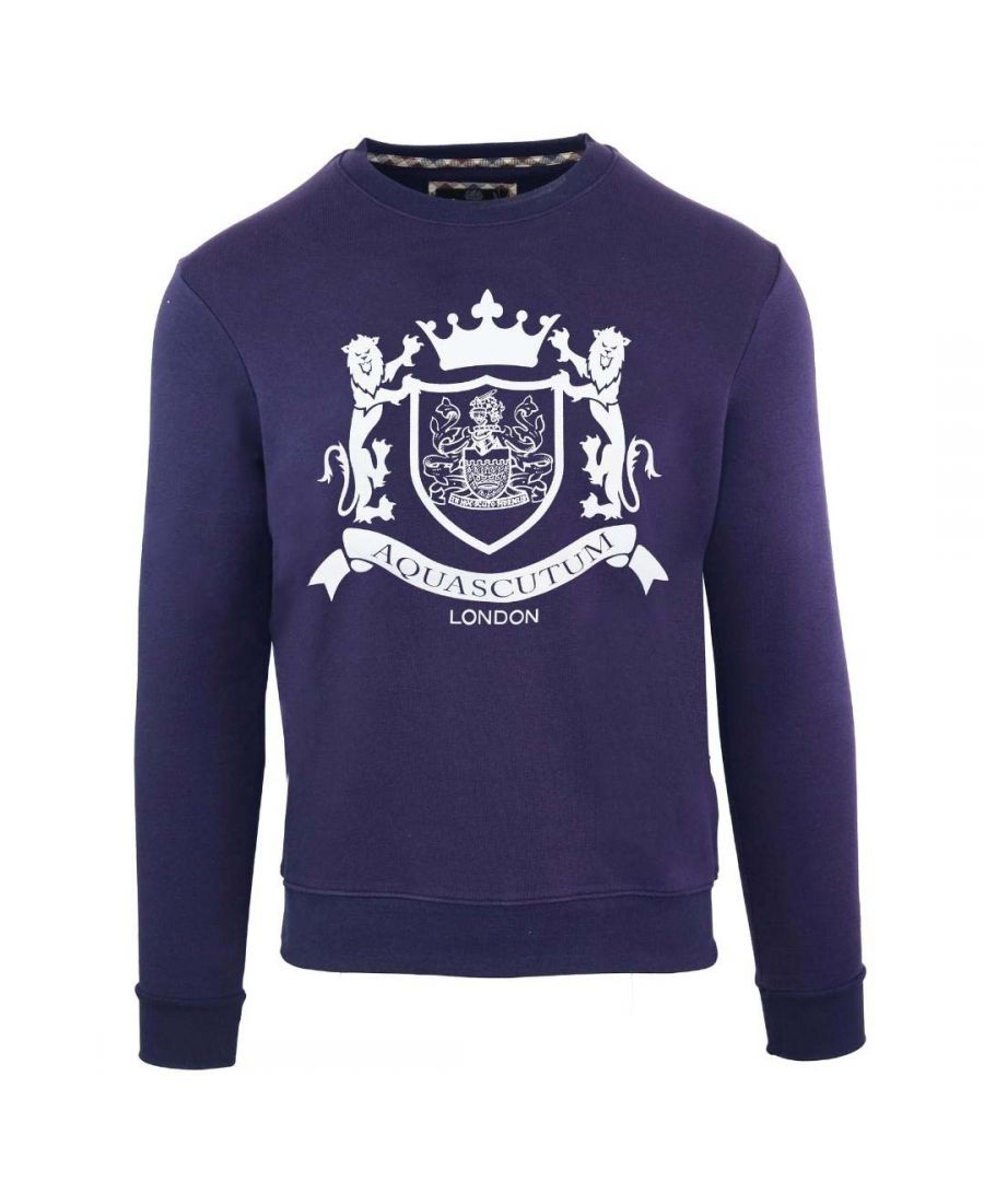Aquascutum Royal Logo Navy Jumper. Elasticated Collar, Sleeve Ends and Waist. 100% Cotton Sweater. Regular Fit, Fits True To Size. FGIA08 85.