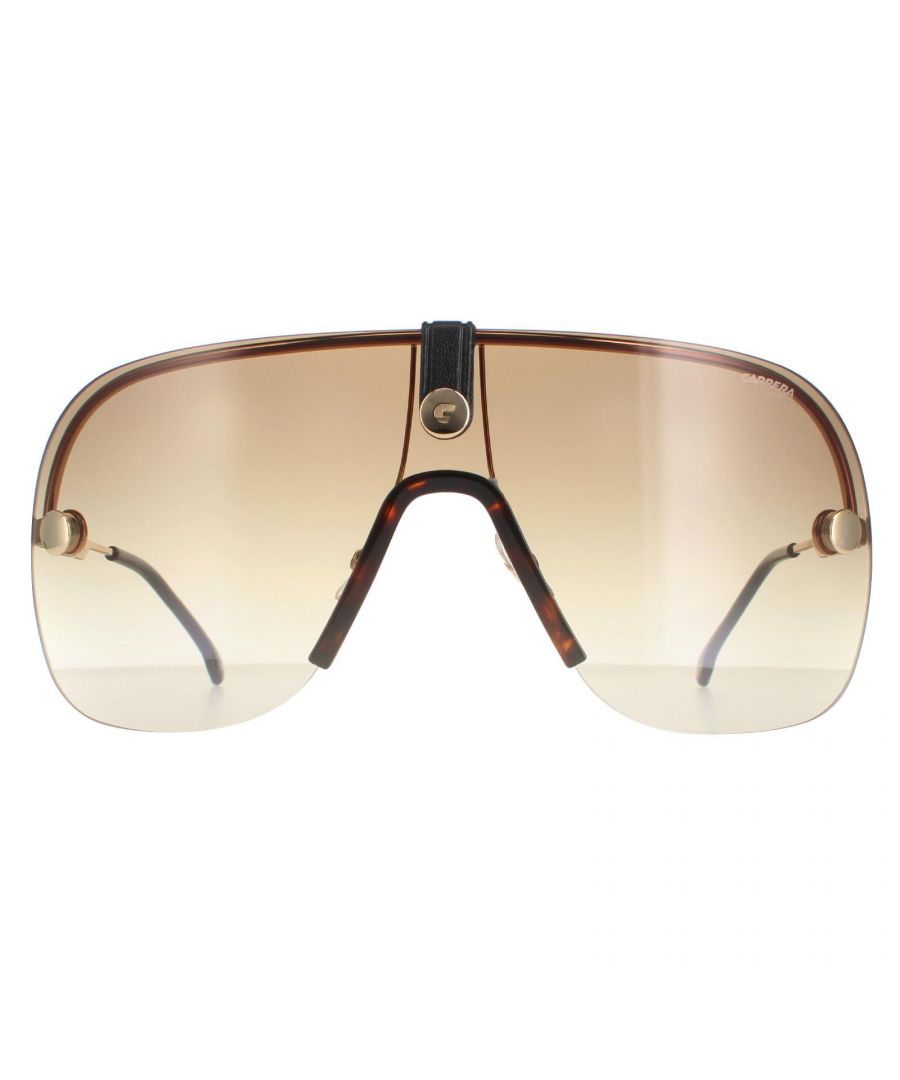 Carrera Shield Unisex Shaded Brown Gold Brown Green Gradient Spare Gold Mirror Epica II Sunglasses are an oversized rimless style with a leather trim at the bridge with the iconic C logo. They also come with a spare lens which can be easily swapped out, in this case a gold mirror lens