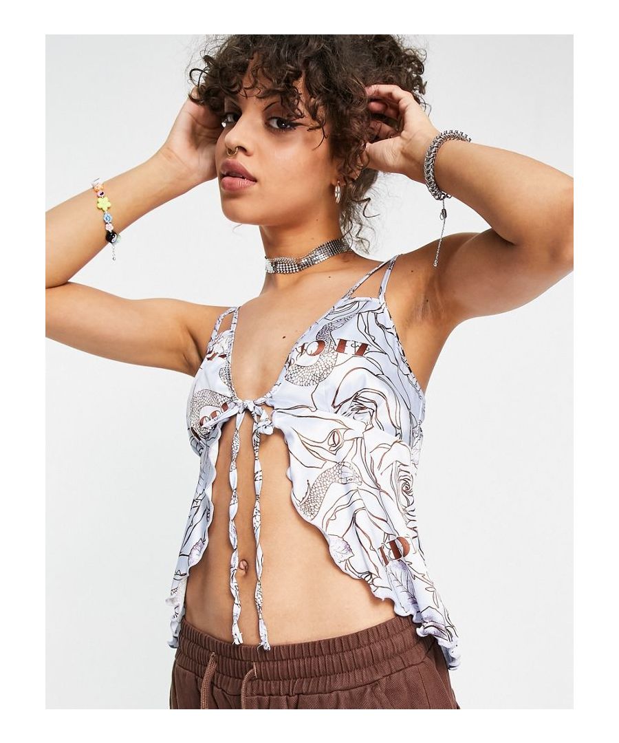 Tops by ASOS DESIGN Introduce it to your other nice tops All-over tattoo print V-neck Tie front Cropped length Lettuce hem Regular fit Sold by Asos