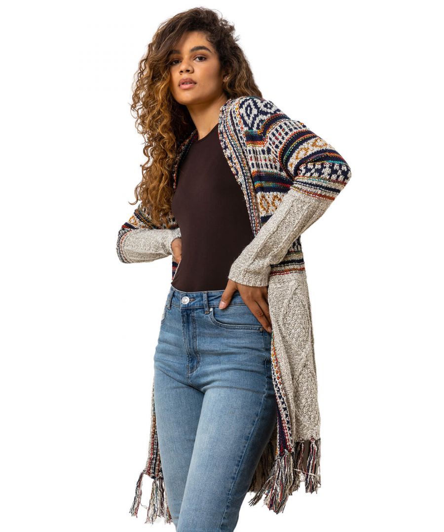 Roman Womens Aztec Print Tassel Hem Longline Cardigan - Multicolour - Size 12 UK