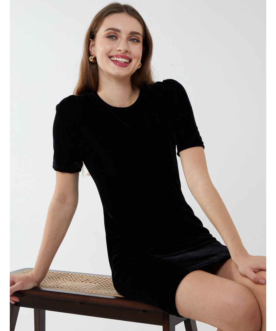 Go all out on sparkle with this glamorous party mini dress.  Embellished back gold chain to create an eye catching party look. Style with simple black heels and accessories to let the dress make the statement.\n95% Polyester, 5% Elastane Hand wash Round neckline Short sleeve Approx length 84 cm  Unfastened