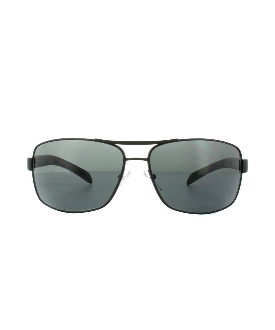 Prada Sport Sunglasses 54IS 1BO1A1 Matt Black Grey are a superb flattened aviator shape with a nice wrapped curve to the frame to hug the face close. The Prada red line of course features on the top of the arm that blends superbly the metal frame and acetate arms.