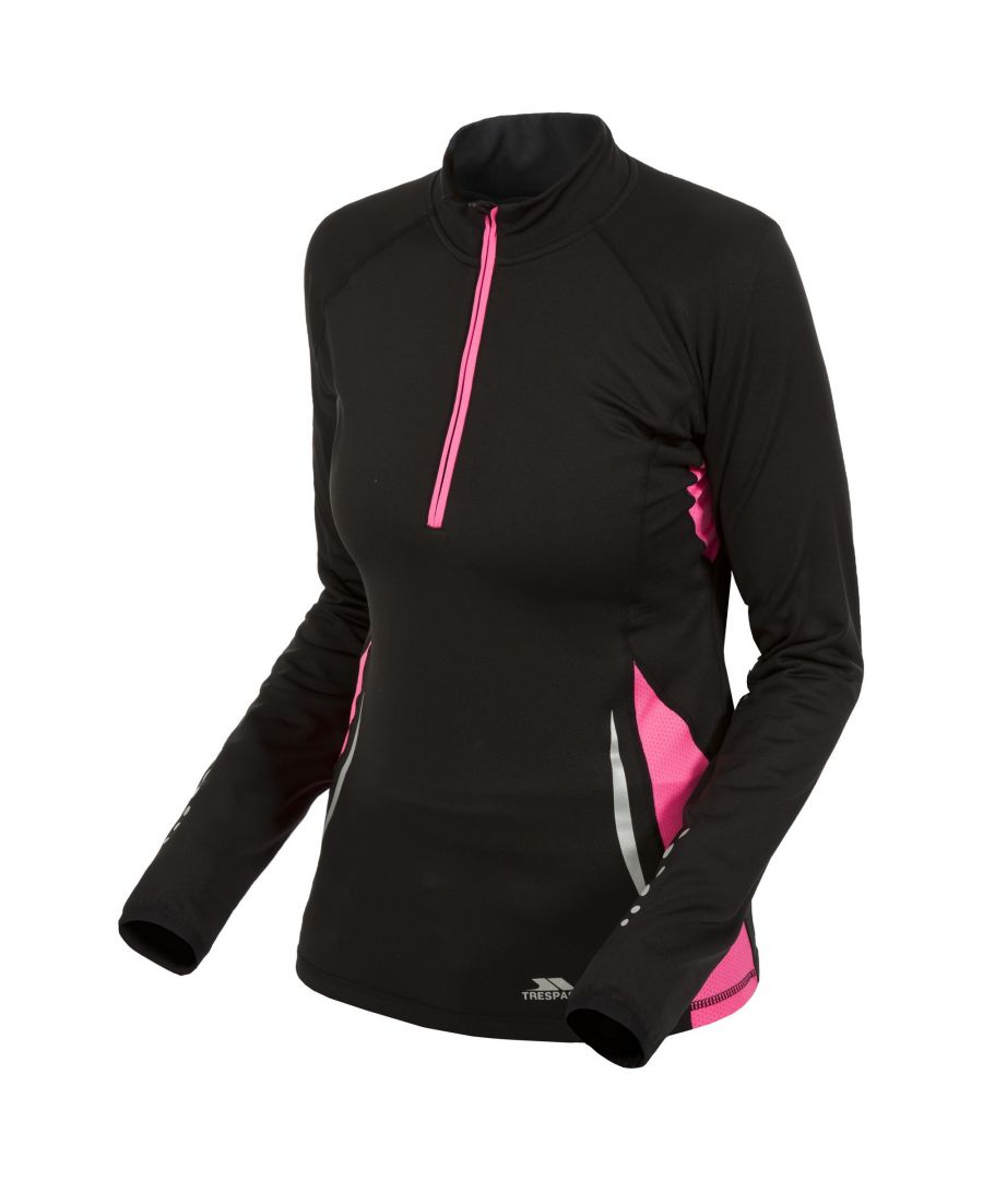 Long sleeves. Half zip. Small rear zip pocket. Contrast panels. Reflective printed panels and logos.  finish. Wicking. Quick dry. Main: 88% Polyester, 12% Elastane, Mesh panels: 90% Polyester, 10% Elastane. Machine washable. Trespass Womens Chest Sizing (approx): XS/8 - 32in/81cm, S/10 - 34in/86cm, M/12 - 36in/91.4cm, L/14 - 38in/96.5cm, XL/16 - 40in/101.5cm, XXL/18 - 42in/106.5cm.