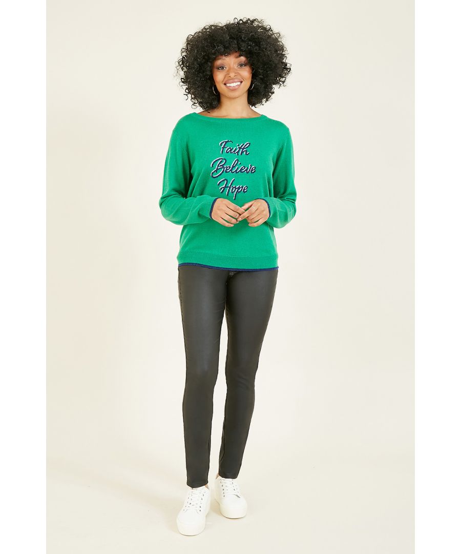 Image for Yumi Faith Believe Hope Slogan Knitted Jumper