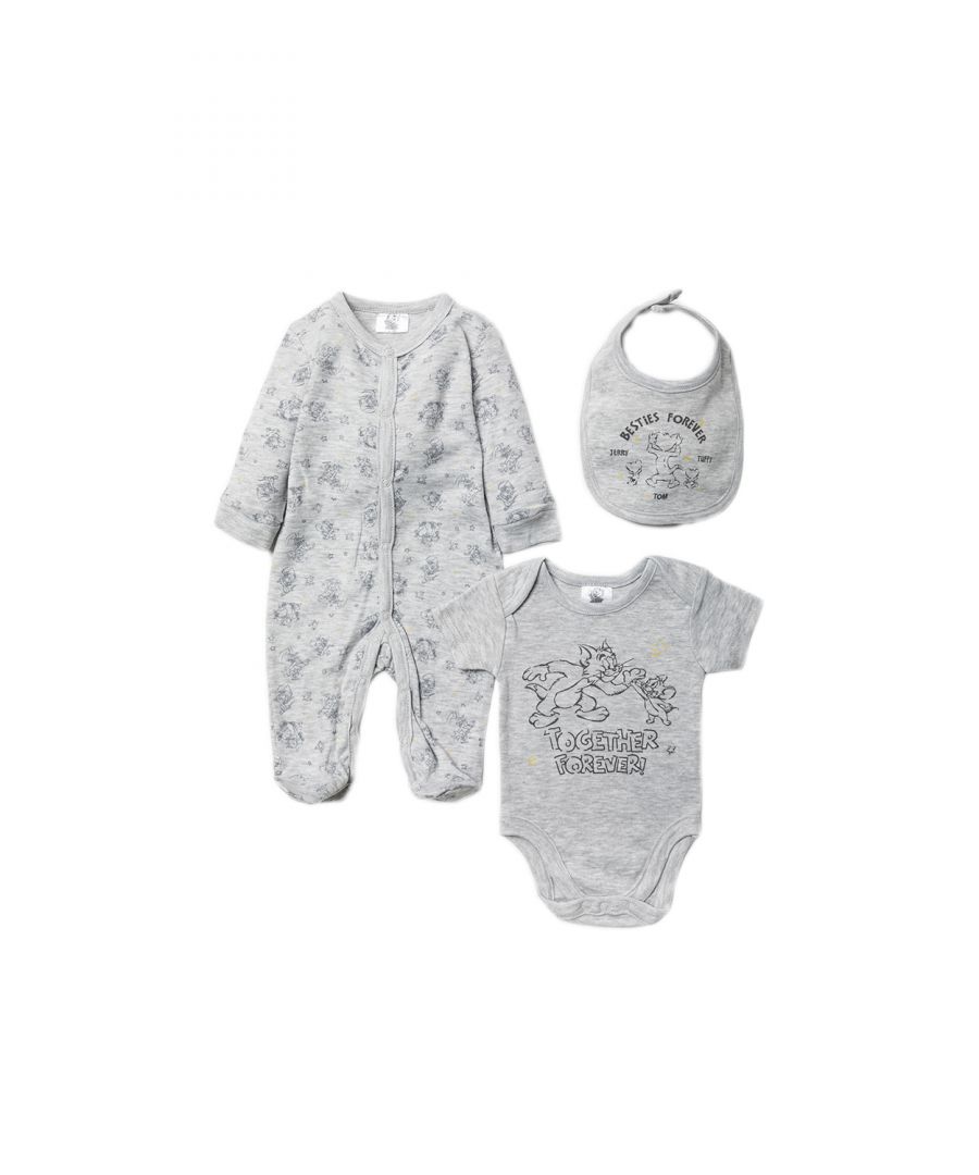 This adorable Tom and Jerry three-piece set features a soft and neutral colour scheme, with Tom and Jerry-themed print. The set includes a button-up, footed sleepsuit with all over print, a bodysuit with the lettering ‘together forever!’, and a matching bib, including Tuffy the mouse. Each item in the set is cotton with popper fastenings, keeping your little one comfortable. This sweet three-piece set is the perfect gift for the little one in your life.