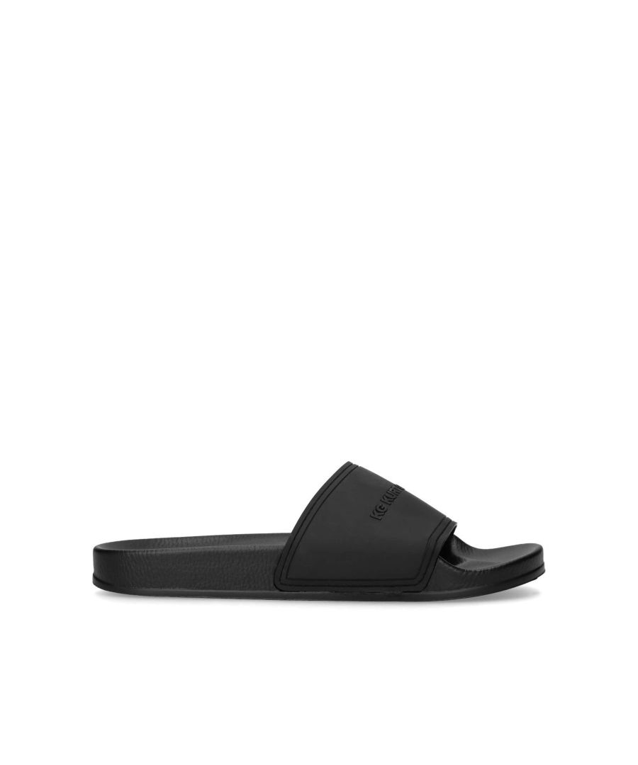 The Ibiza slider sandals are a simple summer style. The padded matte black strap features an embossed logo and sits on a textured black sole. Wear with shorts for a warm weather look.