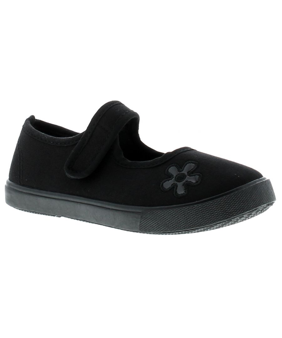 Wynsors Mary Jane 2 Younger Girls School Plimsolls & Pumps Black. Fabric Upper. Fabric Lining. Synthetic Sole. Girls Younger Plimsole Padded Comfort Bar Pump.