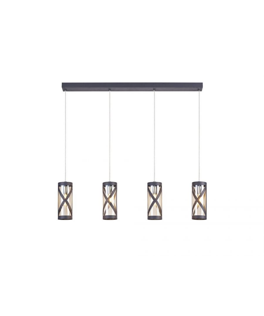 Finish: Polished Chrome, Matt Grey | Shade Finish: Cognac | IP Rating: IP20 | Min Height (cm): 25 | Max Height (cm): 125 | Length (cm): 84 | Width (cm): 8 | No. of Lights: 4 | Lamp Type: E14 | Dimmable: Yes - Dimmable Lamps Required | Wattage (max): 40W