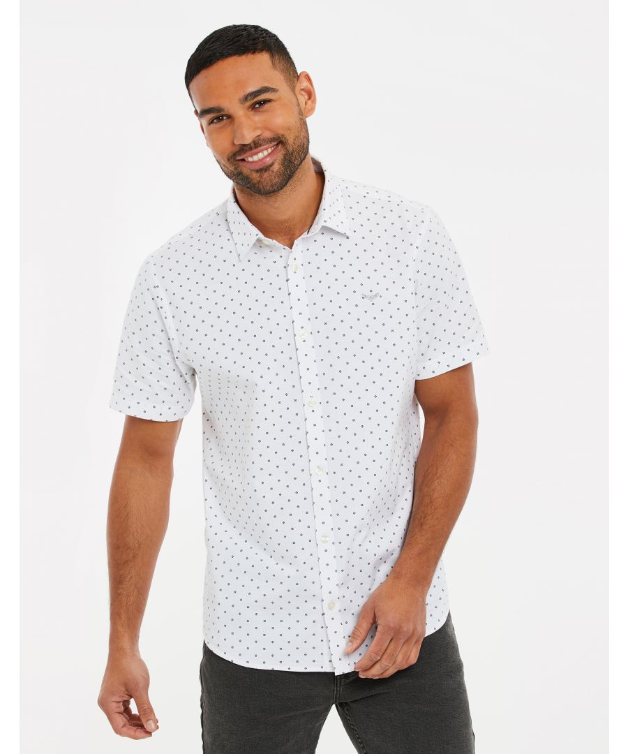 A great addition to your smart-casual wardrobe, this short sleeved shirt features an all over diamond print design with button down collar and embroidered brand logo on the chest. Made in a stretch cotton fabric for extra comfort. Other colours available.  