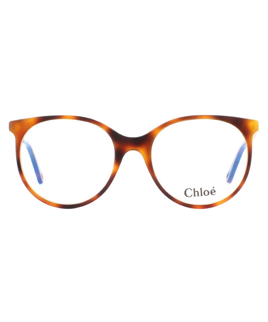 Chloe Glasses Frames CE2730 218 Havana Women  are a super feminine rounded style featuring a plastic frame front with matching temple tips for comfort. Delicate temples are crafted from twisted metal for an elegant touch with subtle Chloe branding next to the hinge.