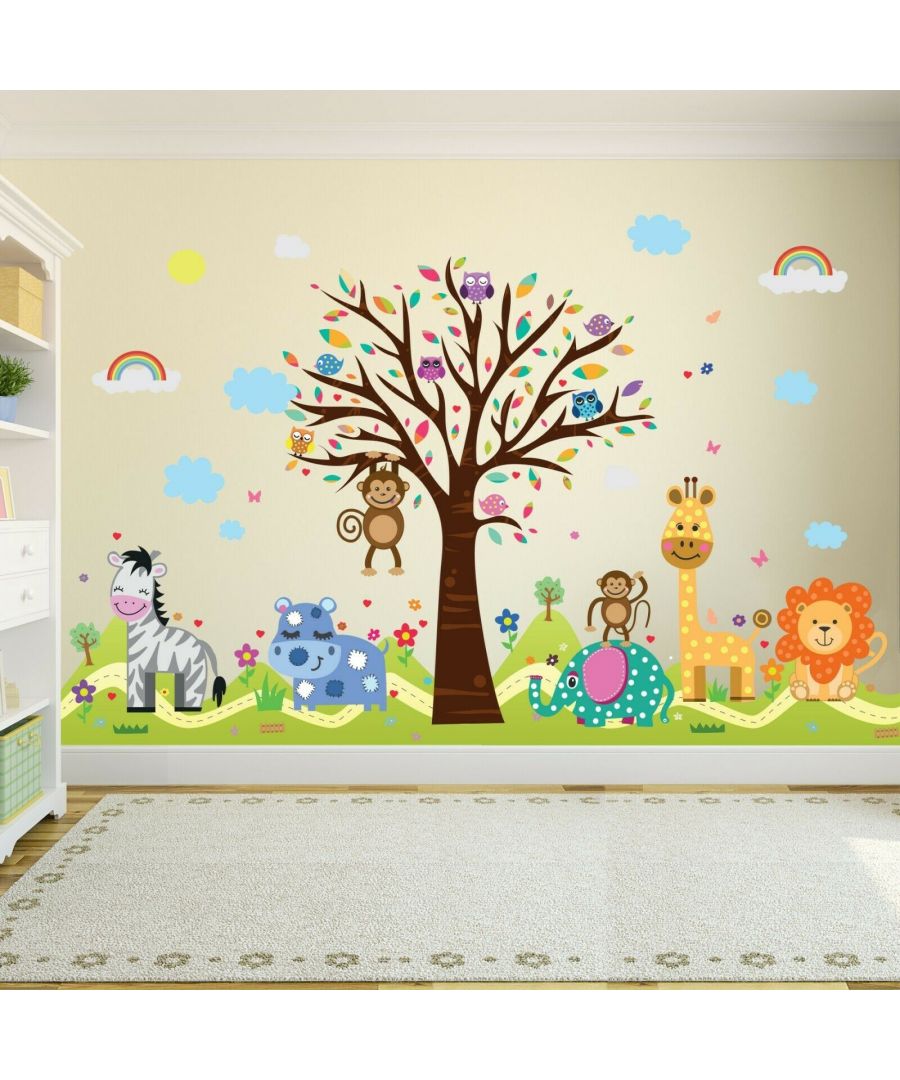 - A collection of cute and happy animals with a colourful background, perfect for adding colour, fun and joy into your kids room. \n- This product is easy to apply and will not leave stains on walls when removed. \n- If applied on wallpaper the sticker will NOT be REMOVABLE. Can be applied on laminated surfaces, but might cause damage when removed. \n- This is a combination of two products. \n- The package contains 4 sheets of 30 x 90 cm and 2 sheets of 60 x 90 cm.