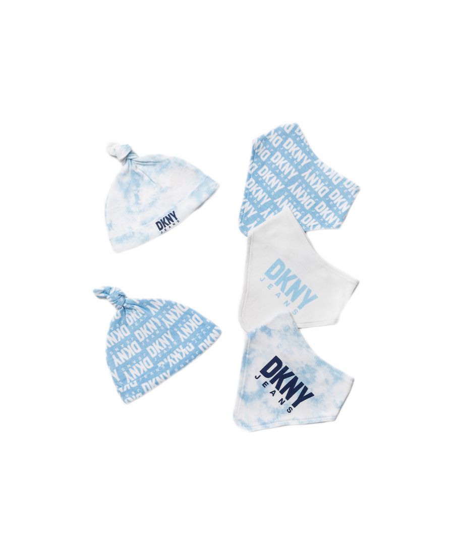 This adorable DKNY Jeans five-piece set includes three baby-blue, printed bibs with the DKNY Jeans logo and two matching hats. This gift set is cotton keeping your little one comfortable. This would make a sweet gift for the little one in your life!