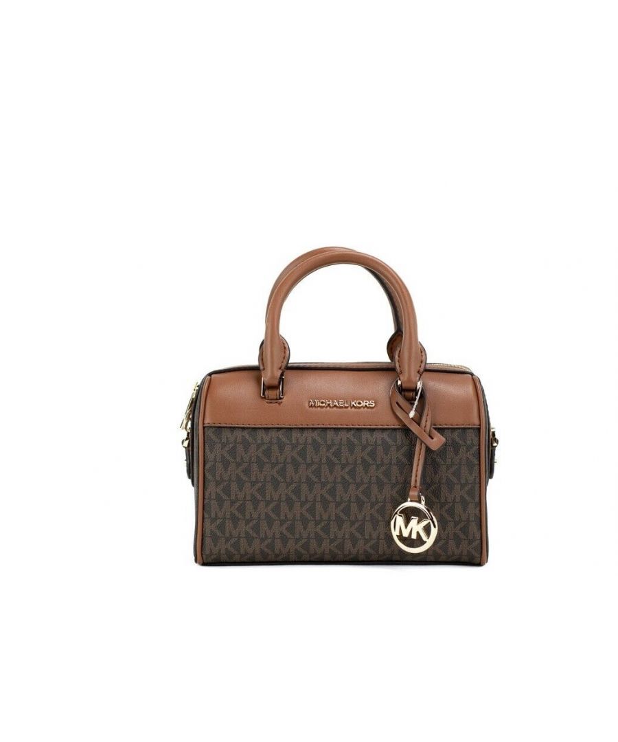 Style: Travel XS Duffle Crossbody Bag (Brown Signature)\nMaterial: Signature PVC and Smooth Leather\nFeatures: 3 Inner Card Slots, Adjustable/Detachable Crossbody Strap, Lined, MK Bag Charm\nMeasures: 19.68 cm W x 13.97 cm H x 10.16 cm D