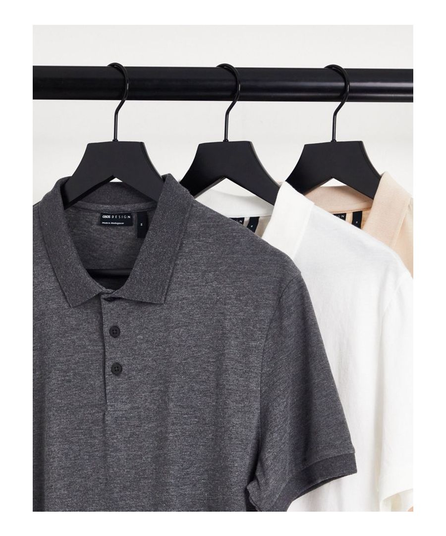 Polo shirt by ASOS DESIGN Spoilt for choice Pack of three Plain design Polo collar Button fastening Short sleeves Regular fit  Sold By: Asos