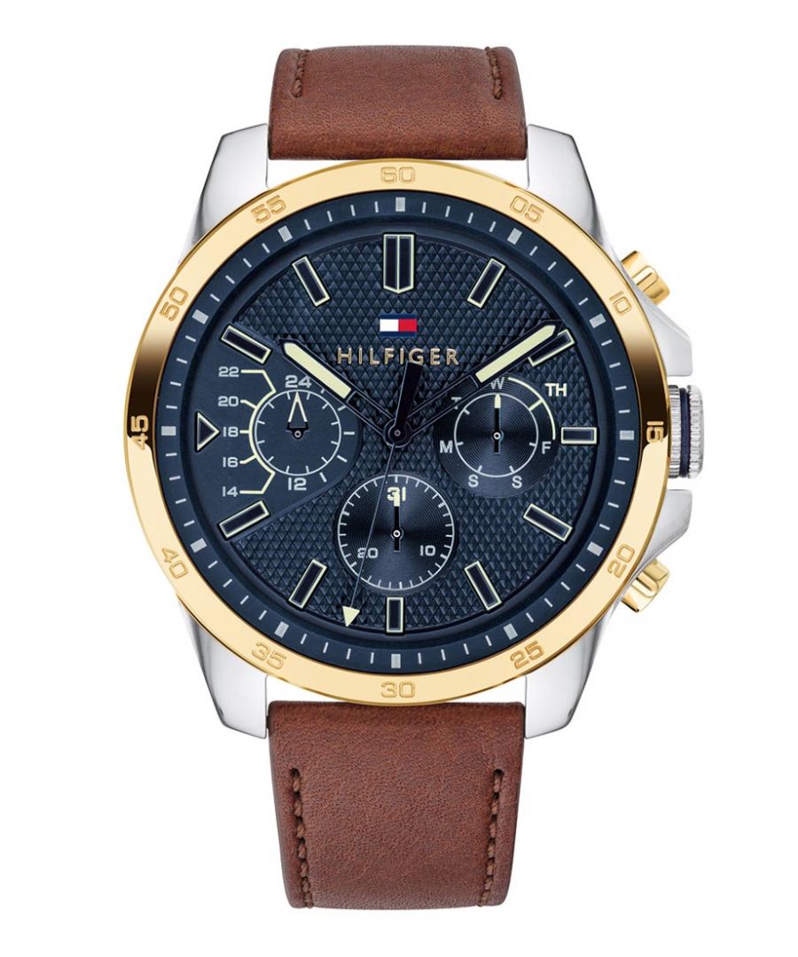 This Tommy Hilfiger Decker Multi Dial Watch for Men is the perfect timepiece to wear or to gift. It's Multicolour 46 mm Round case combined with the comfortable Brown Leather watch band will ensure you enjoy this stunning timepiece without any compromise. Operated by a high quality Quartz movement and water resistant to 5 bars, your watch will keep ticking. Stylish- Sporty and a modern design, very suitable for men -The watch has a calendar function: Day-Date, 24 hour display High quality 22 cm length and 20 mm width Brown Leather strap with a Buckle Case diameter: 46 mm,case thickness: 11 mm, case colour: Multicolour and dial colour: Blue