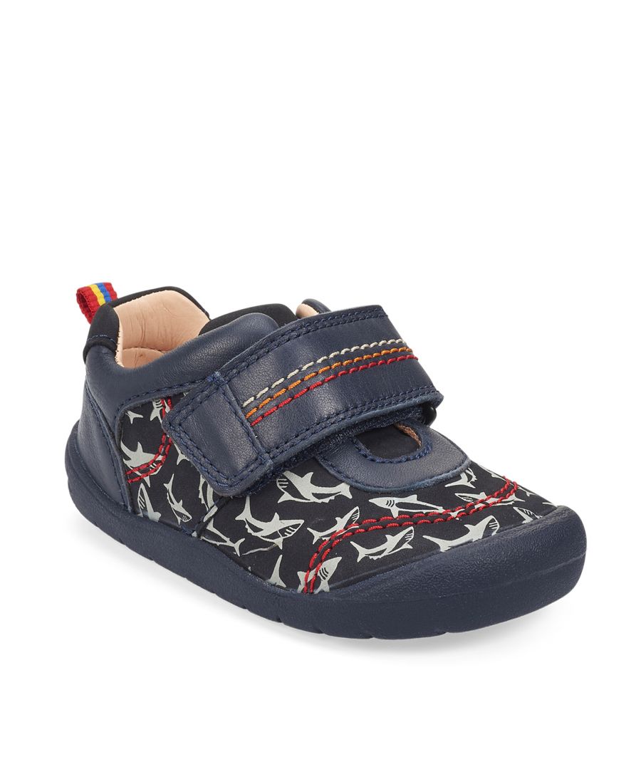Have fin-tastic adventures in our Jaws shoes, perfect for exploring as kids start to take their first steps. You'll find a cool shark print on navy nubuck, with a rip-tape fastening to keep a snug fit and allow easy adjustment. There's enhanced protection around the heel and toe, and padded ankles to support their first steps. To keep feet comfy all day long, there's soft nubuck and cushioned insoles for barefoot comfort.