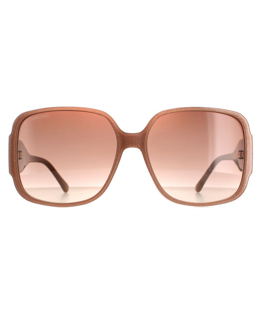 Jimmy Choo Square Womens Nude Glitter Brown Gradient Tara/S Sunglasses are a square style crafted from lightweight acetate. Rubber nose pads and gradient lenses provide all day comfort. The Jimmy Choo's logo is engraved into the temples for brand authenticity