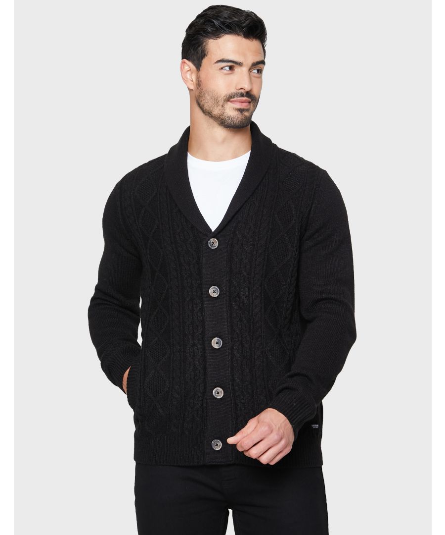 This medium weight, button through knitted cardigan from Threadbare features a cable knit design and a shawl collar. Made in a soft yarn for comfort, this is a great piece to keep you warm this season. Other colours available.