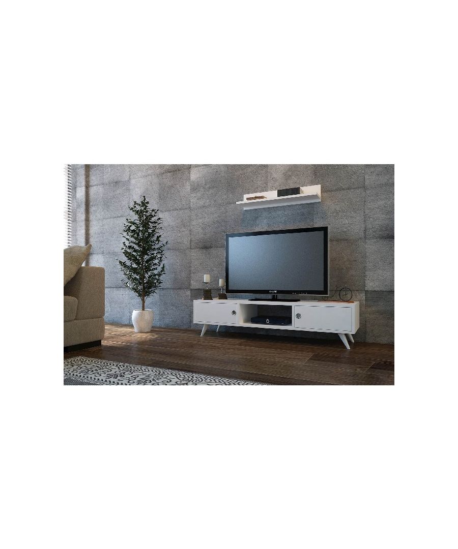 This stylish and functional TV cabinet is the perfect solution for television and all digital devices. Suitable for keeping accessories in order. Thanks to its design it is ideal for the living area. Easy-to-clean and easy-to-assemble assembly kit included. Color: White | Product Dimensions: TV Stand W130xD40xH35 cm,Upper Unit W70 cm | Material: Melamine Chipboard, PVC | Product Weight: 22 Kg | Supported Weight: 15 Kg | Packaging Weight: W46xD157xH8 cm Kg | Number of Boxes: 1 | Packaging Dimensions: W46xD157xH8 cm.