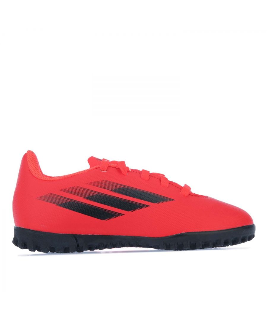 Junior adidas X Speedflow.4 Turf Football Boots in red.- Soft synthetic upper.- Lace up construction.- Regular fit.- Rubber outsole.- Synthetic upper  Textile and synthetic lining  Synthetic sole. - Ref.: FY3327J