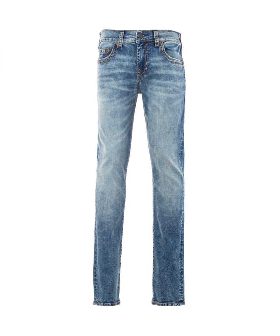 True Religion creates a look of pure self-expression; you'll exhibit confidence and character when wearing the iconic Horseshoe stitching. Focusing on raw construction, the Rocco jeans are crafted from stretch-cotton and cut to a relaxed skinny fit to ensure a comfortable, yet streamlined look. With signature Big T big stitching these Rocco jeans are a must-have this season. Relaxed Skinny. Stretch Cotton Denim. Zip Button Fly Fastening. Five Pocket Design. Signature Big T Stitching. True Religion Branding. Style & Fit: Relaxed Skinny Fit. Fits True to Size. Composition & Care: 98% Cotton 2% Elastane. Machine Wash
