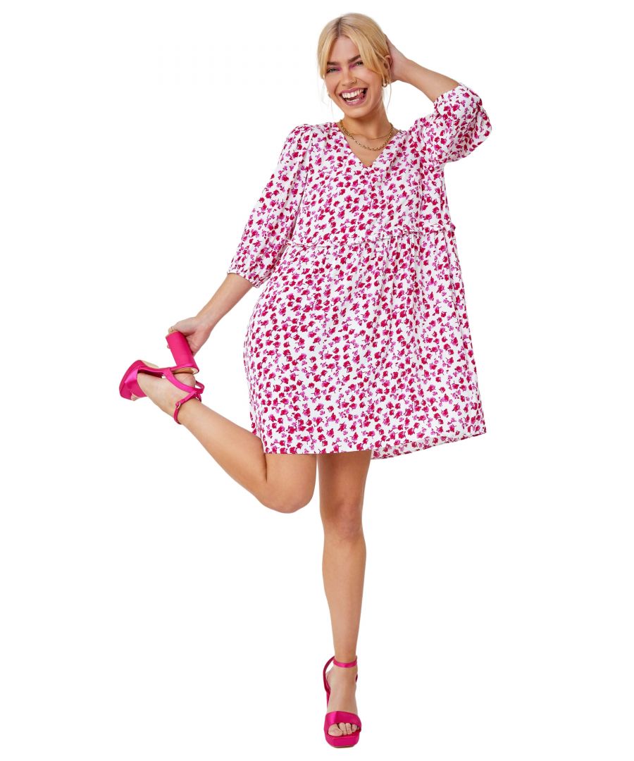 Floral Print Frill Detail Smock Dress