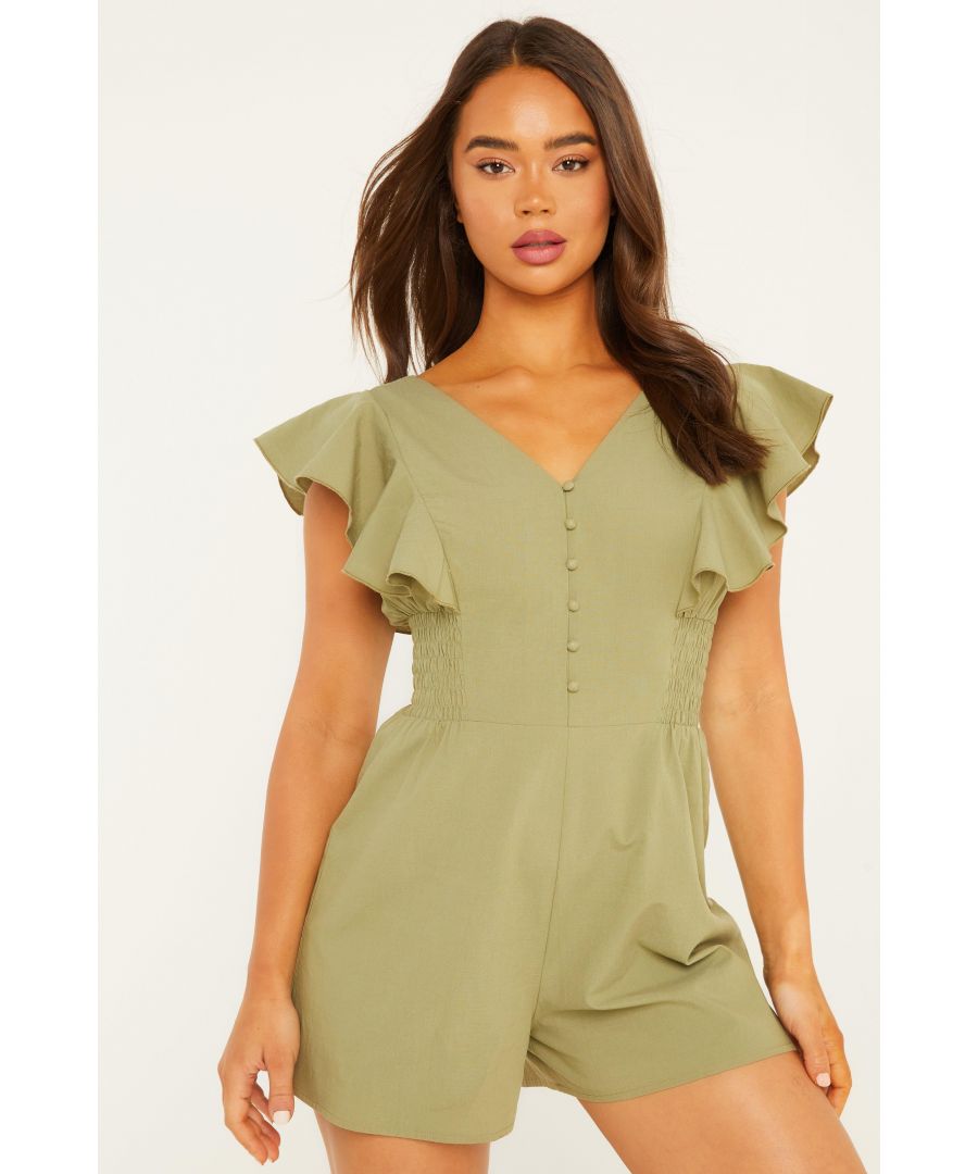 Image for Khaki Frill Button Front Playsuit