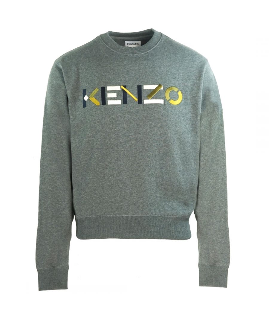 Kenzo Mens Multicolour Logo Grey Jumper. Kenzo Grey Multicolour Logo Sweater. 100% Cotton. Crew Neck, Long Sleeves. FA65SW0044MO.97. Elasticated Neck, Sleeve Ends and Bottom