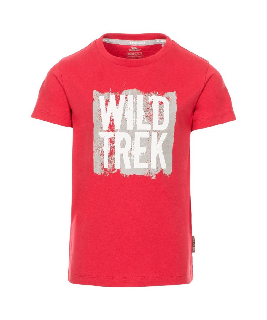 60% Cotton, 40% Polyester. Round neck t-shirt. Print on the front, reads `Wild Trek`. Quick dry. Trespass Childrens Chest Sizing (approx): 2-3 Years - 21in/53cm, 3-4 Years - 22in/56cm, 5-6 Years - 24in/61cm, 7-8 Years - 26in/66cm, 9-10 Years - 28in/71cm, 11-12 Years - 31in/79cm.
