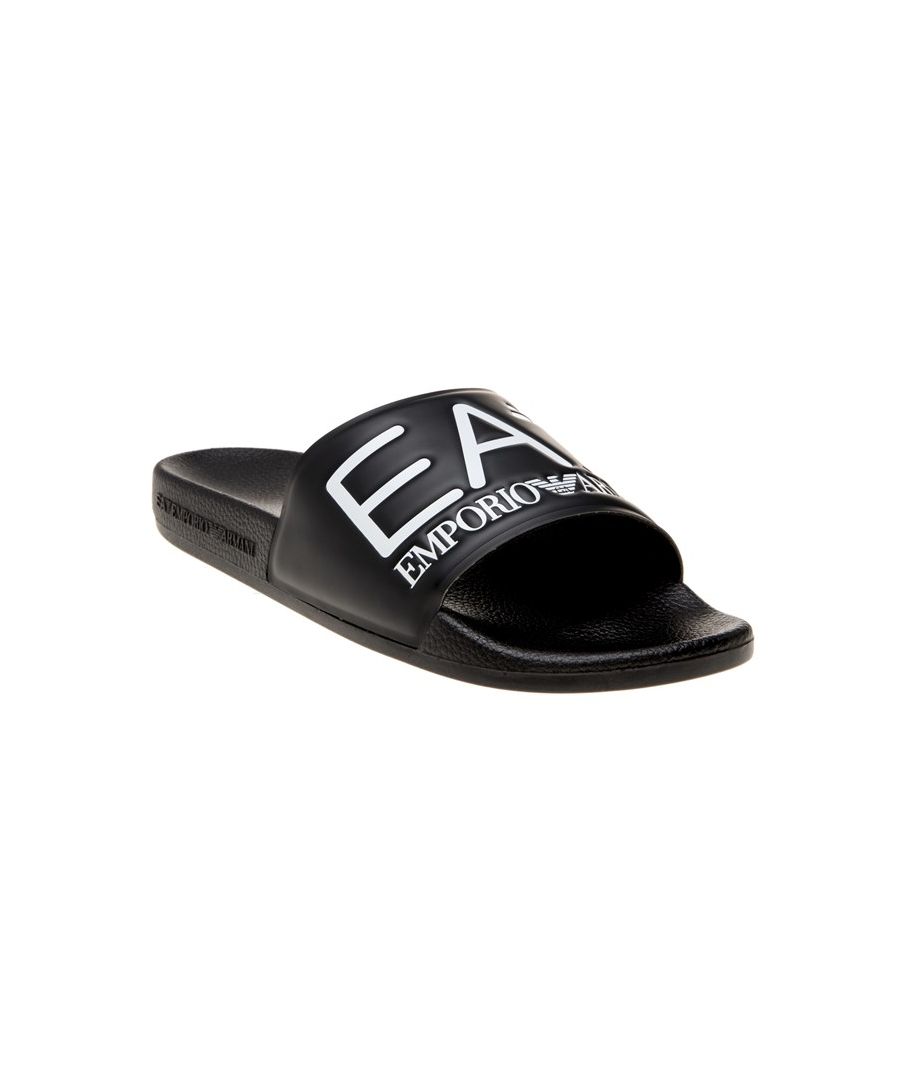 Mens Emporio Armani EA7 Logo Slides in black.<BR><BR>- Synthetic upper.<BR>- Slip on fastening.<BR>- Decorated oversized band featuring the EA7 maxi logo.<BR>- Round toeline.<BR>- Rubber sole.<BR>- Synthetic upper  Textile and synthetic lining  Synthetic sole.<BR>- Ref: XCP001C2200002