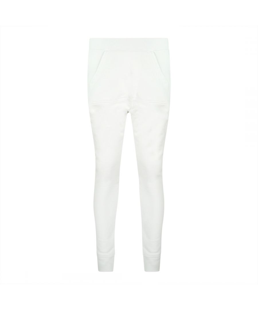 Dsquared2 Large Kangaroo Pocket White Sweatpants. Dsquared2 S74KB0375 S25042 100 White Joggers. 100% Cotton, Made In Italy. Tapered Leg. Cuffed Waist and Bottoms. Large Kangaroo Pocket On The Front