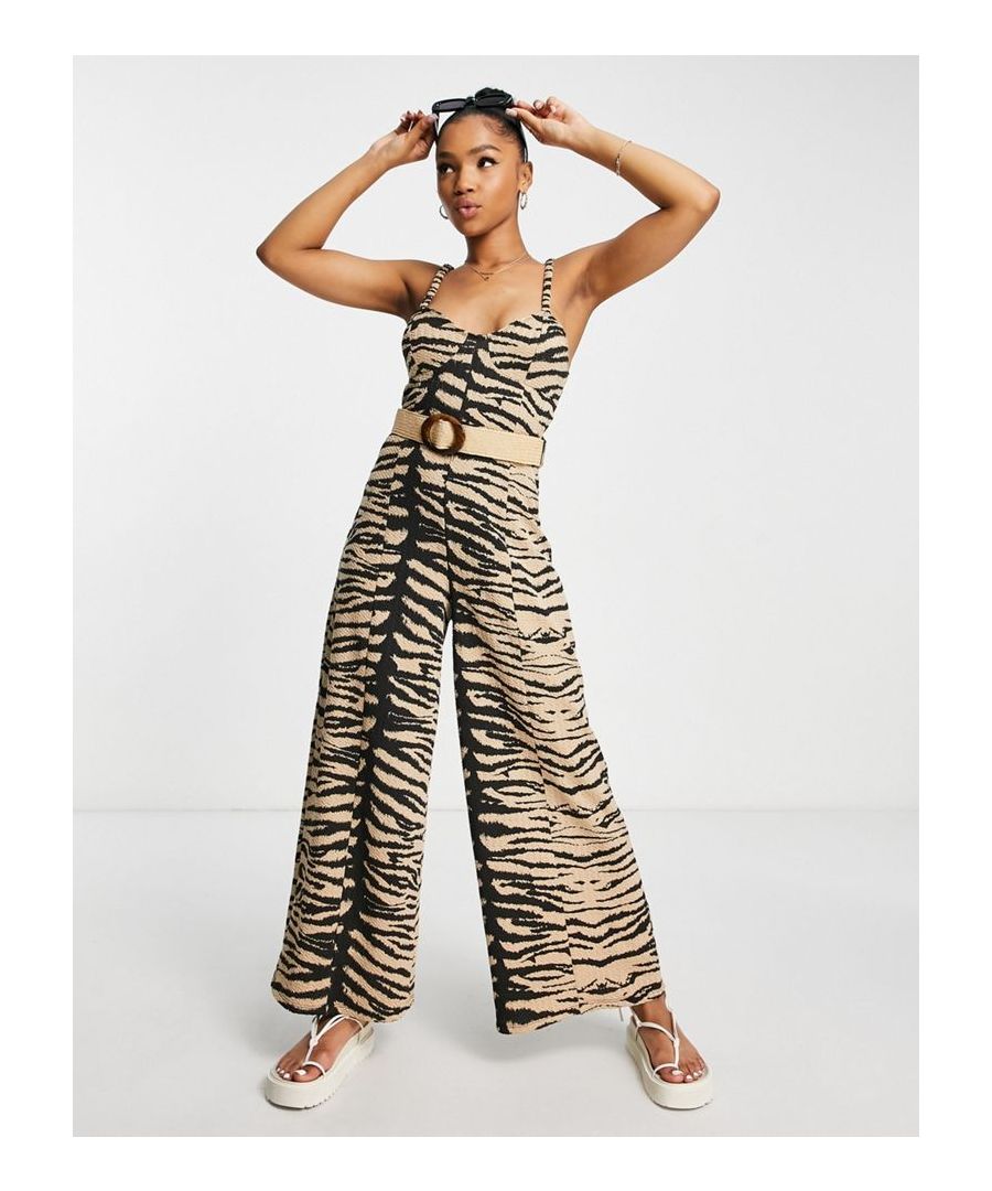 Jumpsuit by ASOS DESIGN One-piece wonder Zebra print Sweetheart neck Sleeveless style Belted waist Wide leg Regular fit  Sold By: Asos