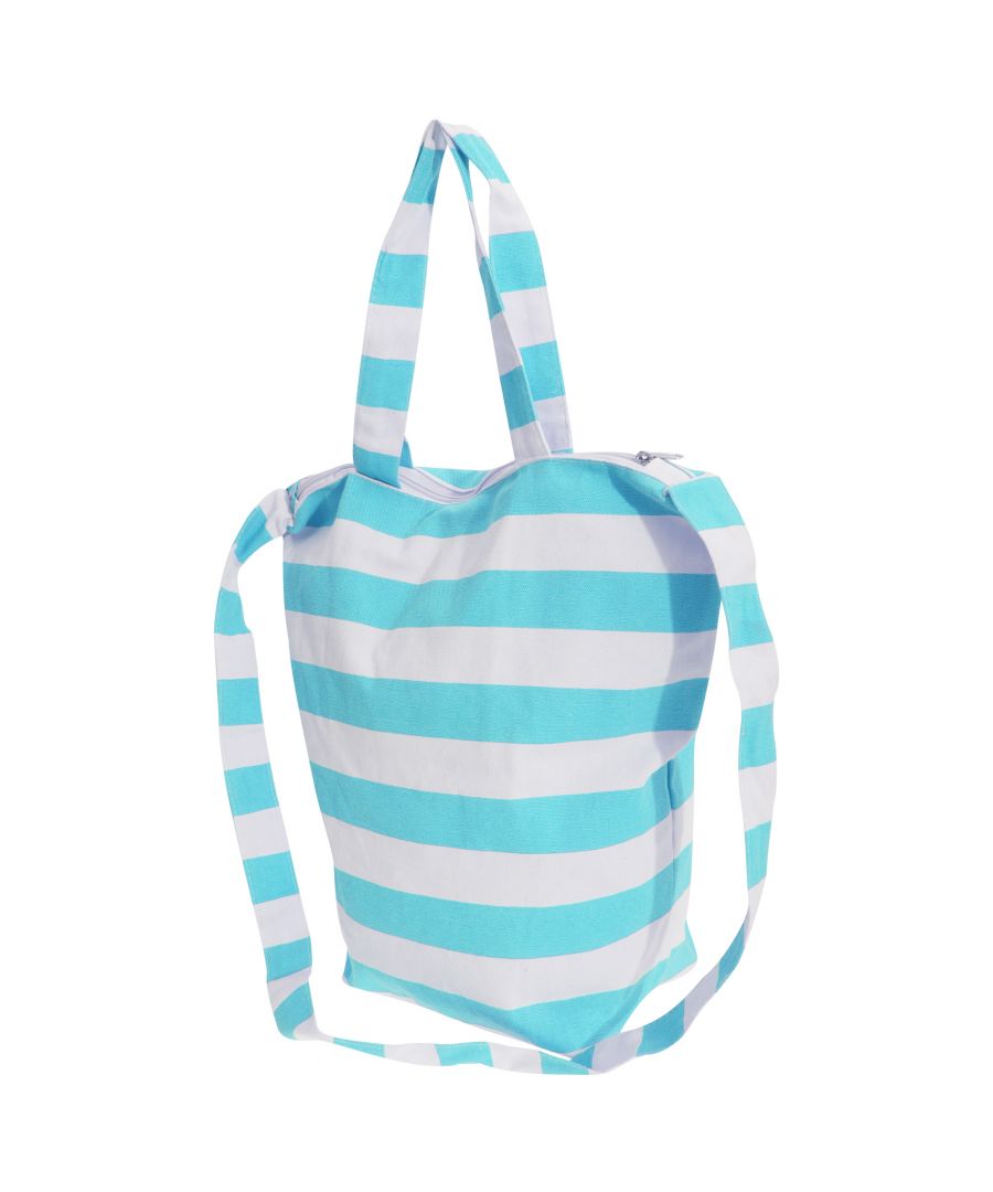 Ladies summer beach bag with striped design. Top carry handles and shoulder strap for easy transportation. Main compartment with inner open top pocket and secured with zip fastener. Choice of 3 colours. Size (excluding handles): Width- 38cm (15in), Length- 38cm (15in), Depth- 14cm (5.6in). Material: outer- 95% Cotton and 5% Polyester, lining- 100% Polyester. Clean with a dry cloth.