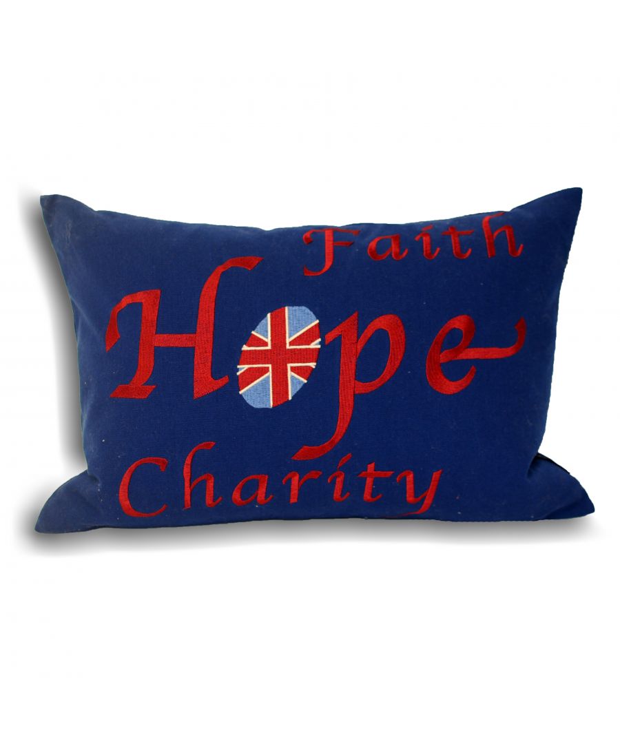 Three virtues we all would like to possess, Faith, Hope and Charity. Bring these qualities into your home, along with a dash of British pride with the popular Faith cushion. The luscious 100% cotton fabric features a soft cream base colour, striking red inscription and a patriotic Union Jack flag.