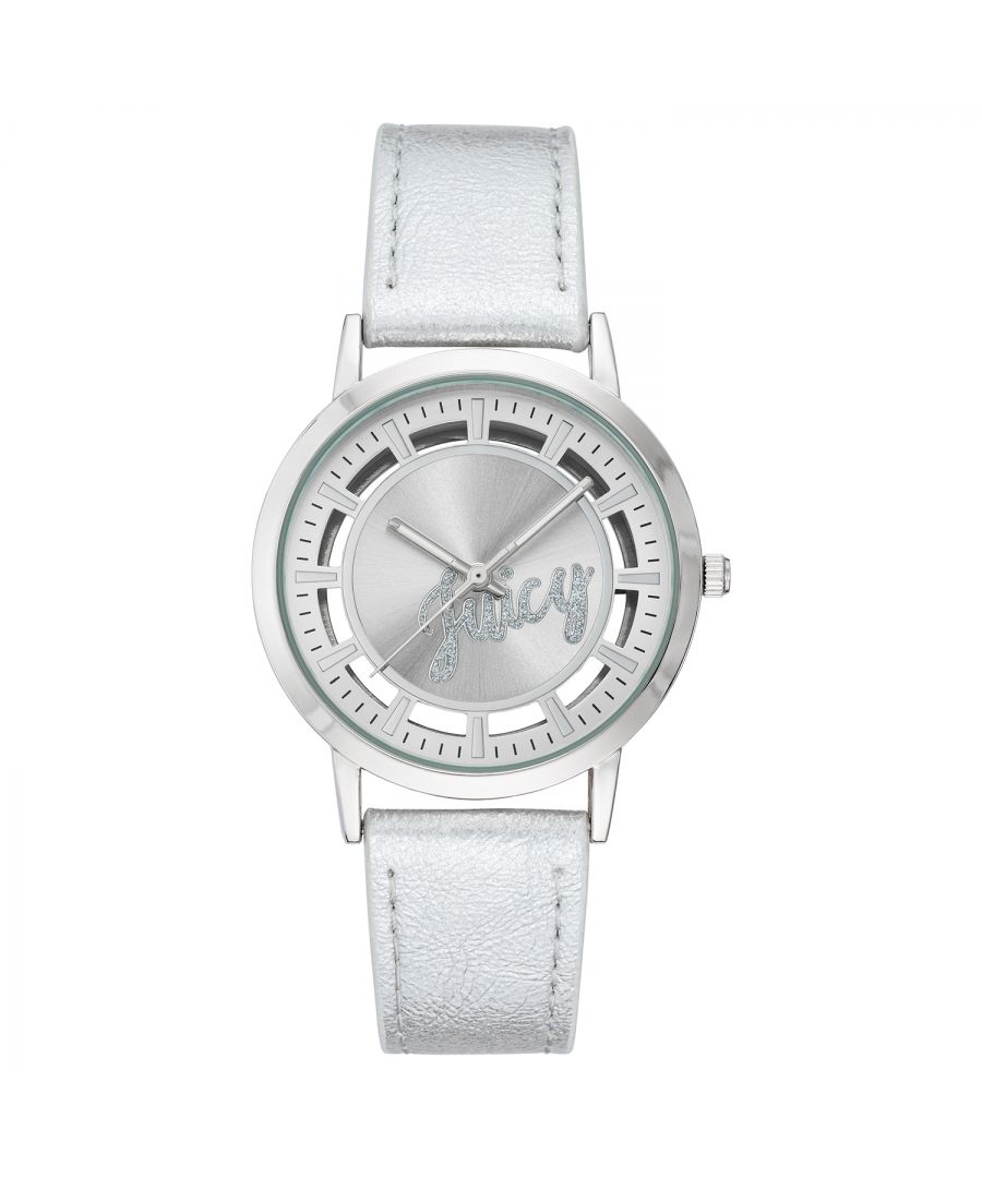 Juicy Couture Watch JC/1215SVSI\nGender: Women\nMain color: Silver\nClockwork: Quartz: Battery\nDisplay format: Analog\nWater resistance: 0 ATM\nClosure: Pin Buckle\nFunctions: No Extra Function\nCase color: Silver\nCase material: Metal\nCase width: 36\nCase length: 36\nFacing: Rhine Stone\nWristband color: Silver\nWristband material: Leatherette\nStrap connecting width: 19\nWrist circumference (max.): 22.8\nShipment includes: Watch box\nStyle: Fashion\nCase height: 8\nGlass: Mineral Glass\nDisplay color: Silver\nPower reserve: No automatic\nbezel: none\nWatches Extra: None