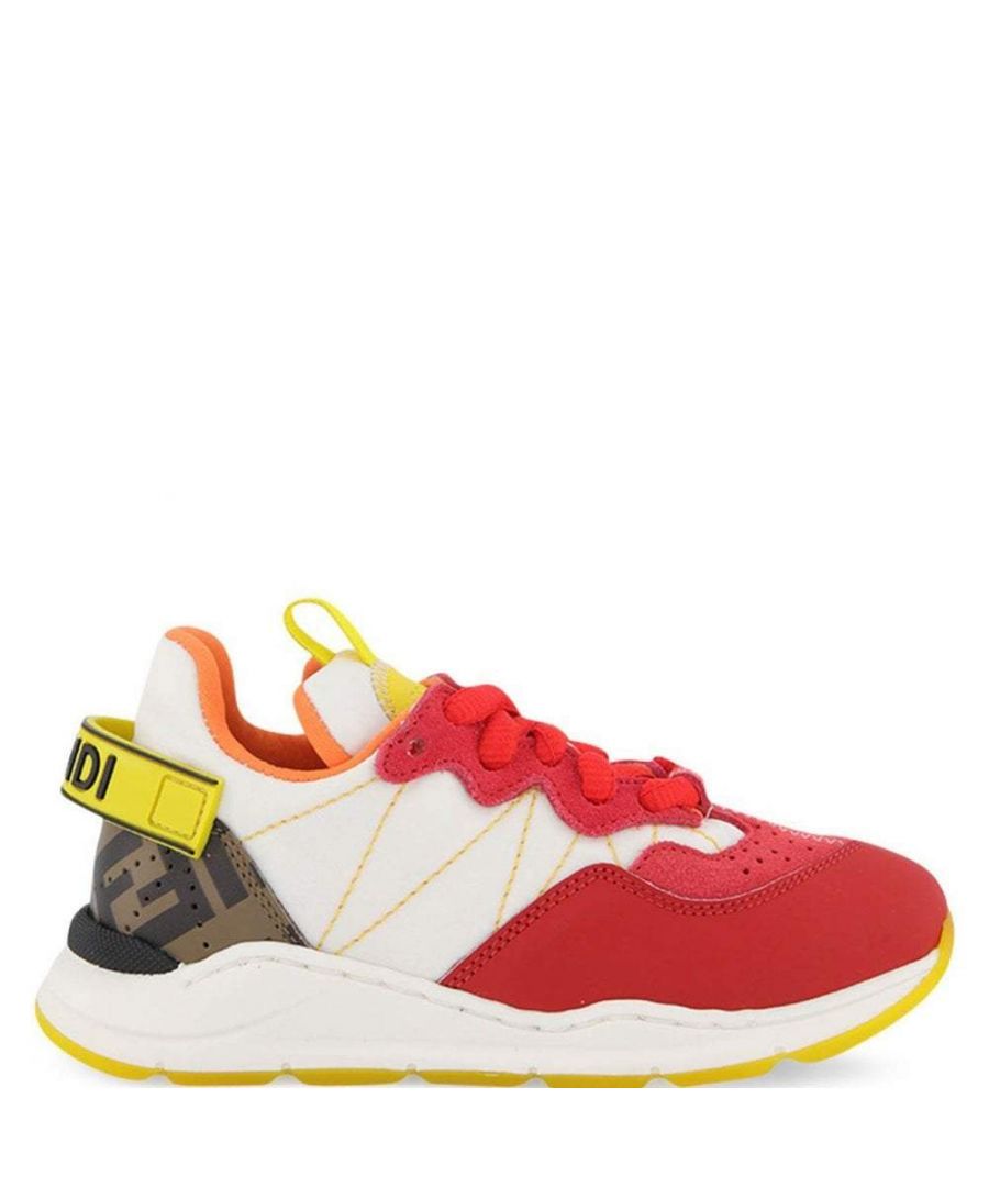 These Boys Trainers from Fendi have a white fabric upper and a red leather trim. They feature a yellow Fendi heel pull on and the iconic FF logo trim to the heel.