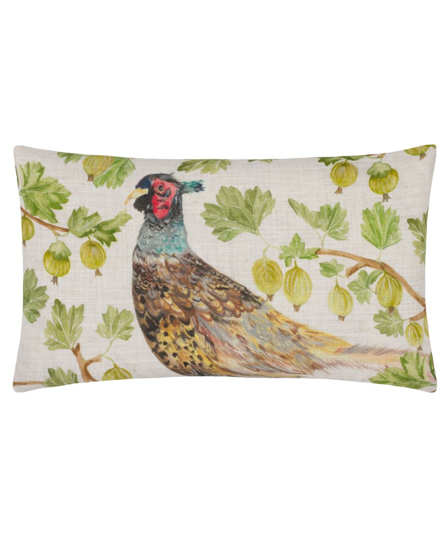 Enjoy this delightful scene from the British countryside of a pheasant poised to peck at the ripe, juicy gooseberries on this beautifully hand-painted watercolour design. The rich, iridescent colours of the male pheasant are made to stand out against the clean natural background and is lovingly printed onto a soft polylinen fabric. A wonderfully rustic, and characterful addition to your traditional countryside interior.