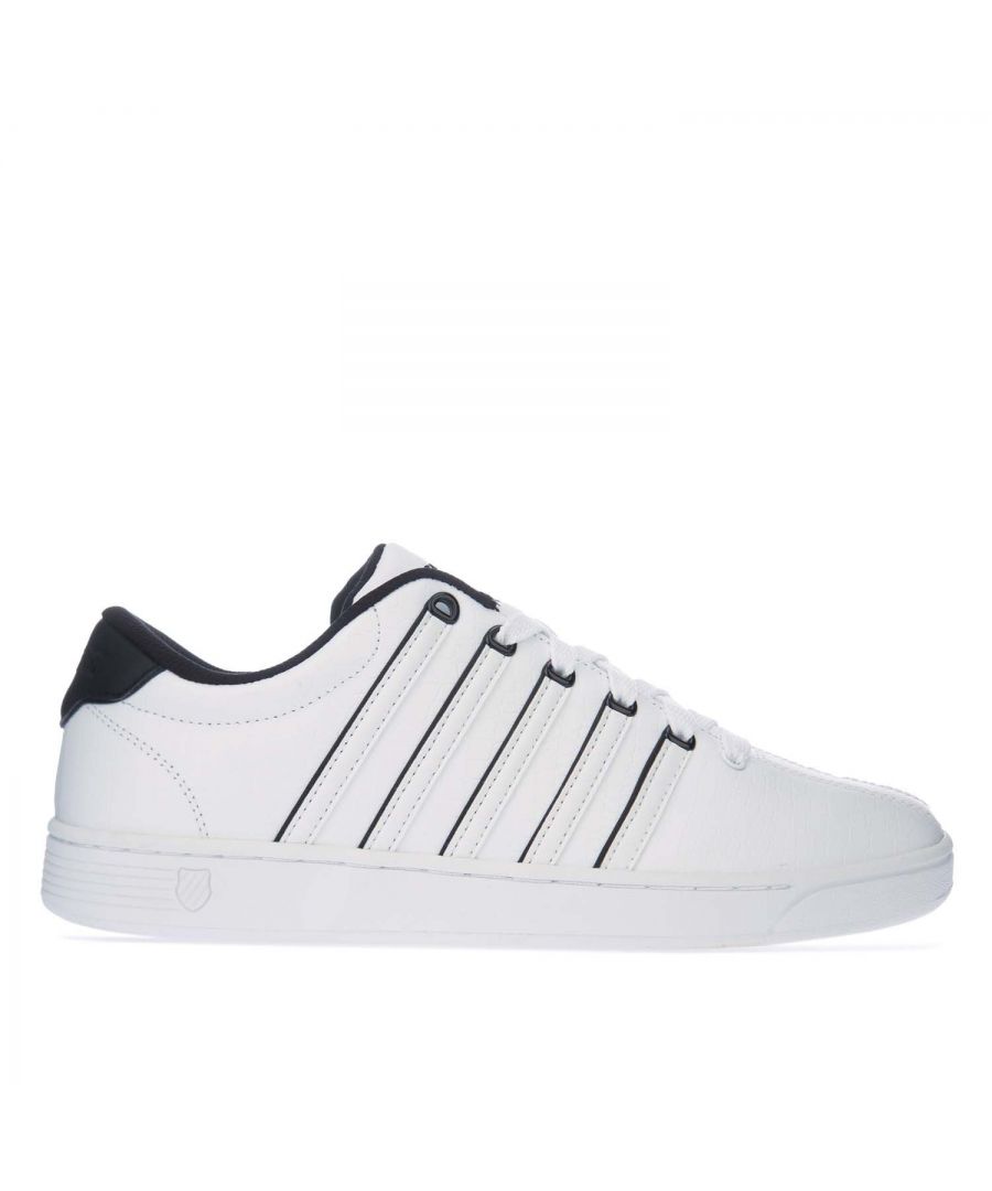Mens K- Swiss Court Pro II SP CMF Trainers in white black.-Leather upper.- Lace closure.- Padded tongue and collar.- K Swiss branding to the tongue and heel.- Die-Cut EVA Midsole.- Textile collar lining.- Memory foam insole.- Rubber outsole.- Leather upper  Textile lining  Synthetic sole.- Ref: 05063102