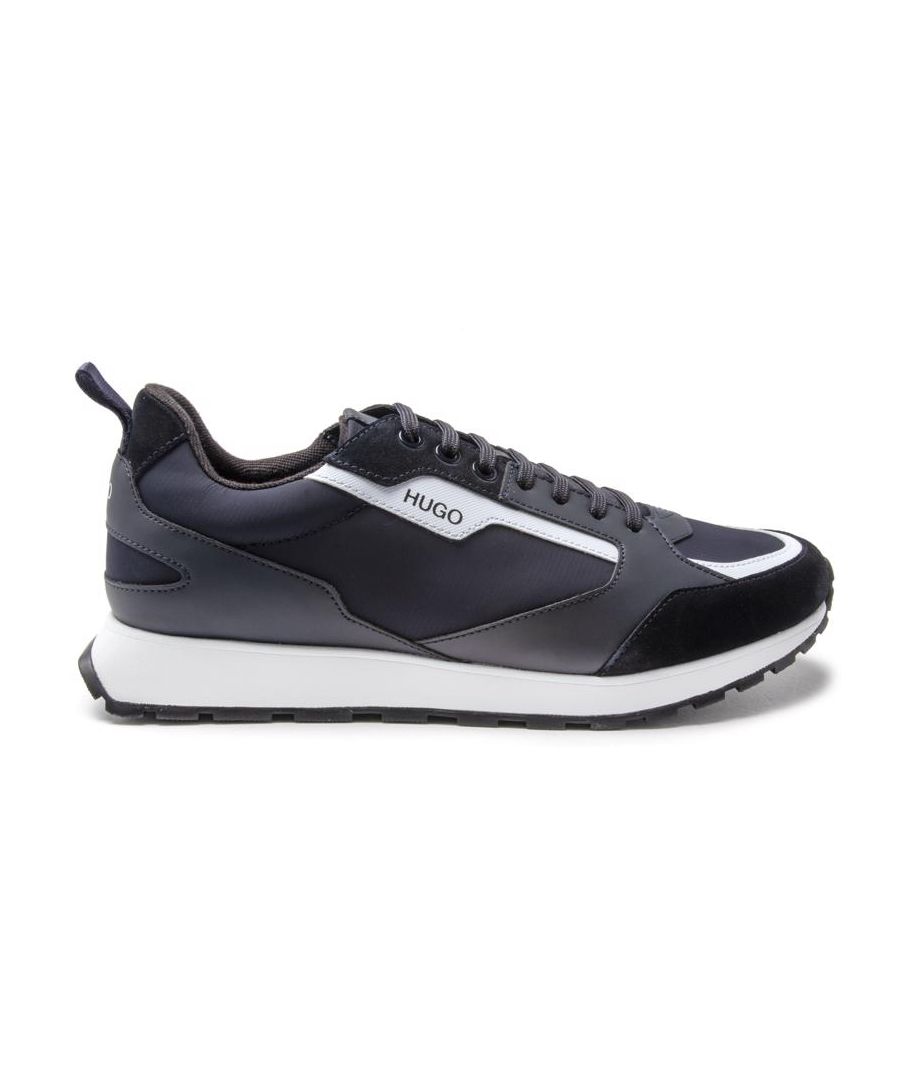 Men's Black Hugo Icelin Lace-up Sneakers With Hugo Upper Branding And White Panel Detail, Are Lightweight And Breathable With Textile And Leather Uppers. These Performance Trainers Have Sweat-wicking Lining, A Branded Heel Pull Tab, Padded Collar And Supportive Eva Rubber Textured Sole.