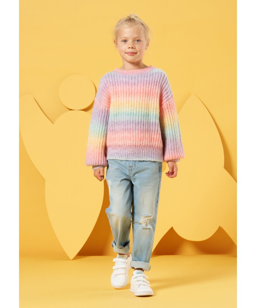 Paint the whole world with a rainbow! Knitwear does not get better than this! The most beautifully soft yarn knitted into a fabulous pastel rainbow stripe relaxed sweater. Fab-u-lous  Model wears 6y  she is 6 years old and 120cm tall.  Angel & Rocket cares - made with recycled polyester  Colour: Multi  58% Acrylic  9% Nylon  29 Polyester  4% Wool  Look after me – Think planet  wash at 30c