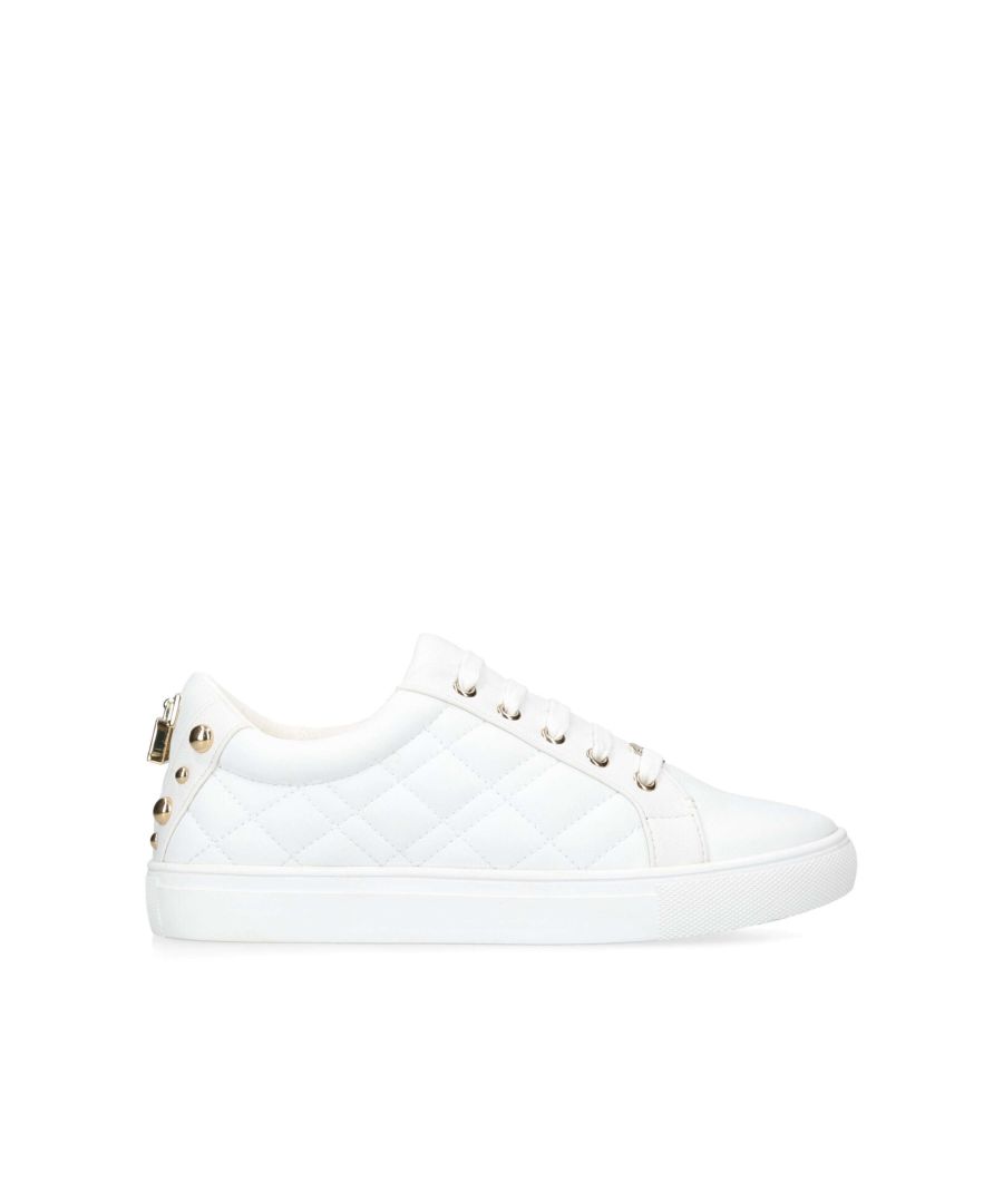 The KGL Ludo is a white leather sneaker with overstitch quilt design on the side. The back of the ankle features a gold tone padlock and stud details.