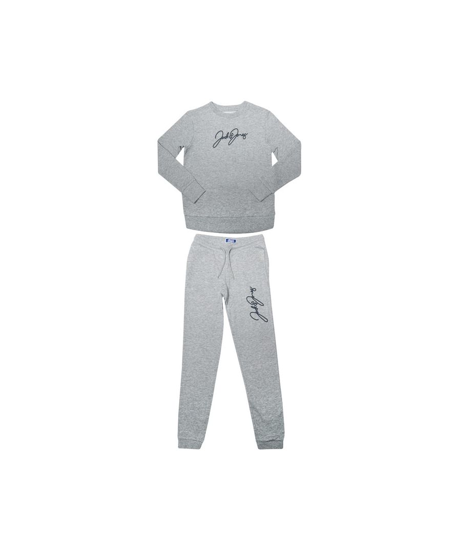 Junior Boys Jack Jones Paul Tracksuit in grey marl.Sweatshirt:- Ribbed crew neck.- Long sleeves.- Ribbed cuffs and hem.- Script branding.- Main material: 90% Cotton  10% Polyester.  Machine washable. Bottoms: - Elasticated waist with inner drawcord.- Two open side pockets.- Ribbed cuffs.- Script branding.- Main material: 90% Cotton  10% Polyester. Machine washable. - Ref: 12207097