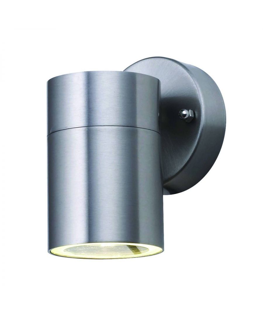 This stainless steel LED outdoor tube light with clear glass lens is stylish and contemporary. The IP44 rated splash proof, cast aluminium fitting has a round wallplate and sleek cylindrical downlighter, with a subtle halogen light to provide a bit of brightness for your outdoor areas at night. | Finish: Cast Aluminium | Material: Glass | IP Rating: IP44 | Height (cm): 14 | Length (cm): 6 | No. of Lights: 1 | Lamp Type: LED | Kelvin: 3000 | Lumens: 270 | Wattage (max): 3