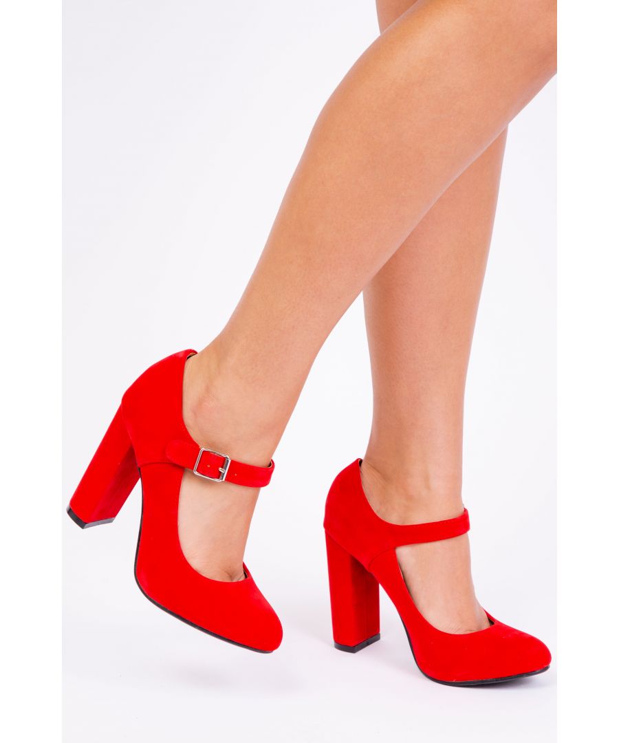 Women's block heel office pump featuring a front ankle strap\n\nHeel Height: 3.9' (9.9 cm) Approx