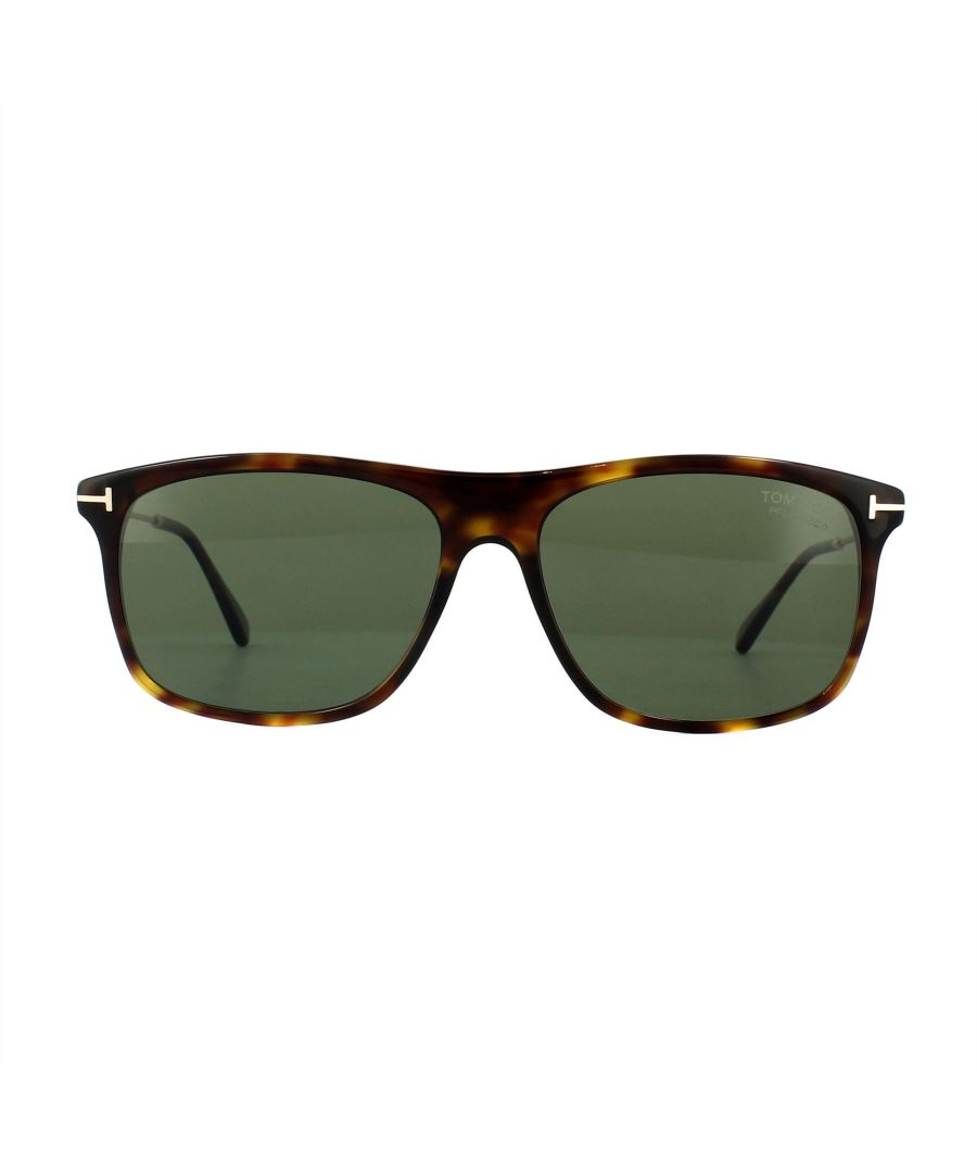 Tom Ford Sunglasses 0588 Max 52R Dark Havana Green Polarized are a classic rectangular style for men. The plastic front matches the temple tips and thin, flat metal temples add a modern touch. The Tom Ford T wraps around each corner so everybody will know you're wearing Tom Ford sunglasses.