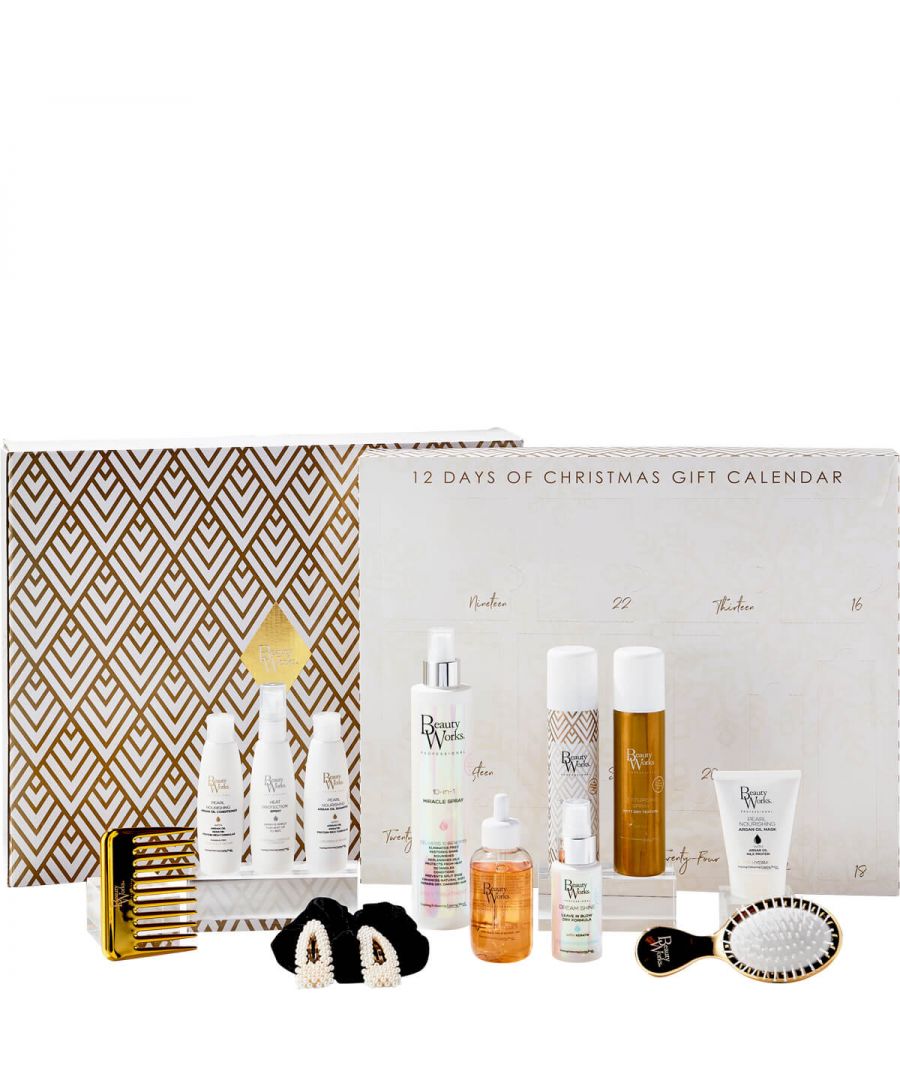 The new holiday hair care tradition\n\n\n\n\n\n12 days of beauty favourites\n\nHair care gift set with 9 fab hair products\n\nDuo of detangling brush and comb in gold\n\nAccessorise with velvet scrunchie or pearl clip\n\nMix of travel-sized and full-sized products\n\nComplete hair gift set for daily styling\n\n\n\n\n\nThe Beauty Works 12 Days Gift Set is a treat for any hair care fan. This beauty gift set contains 9 different hair care products, from an argan serum to a nourishing hair mask, for a complete treatment regimen.\n\nStyle your locks with the festive gold comb, brush, then set your style with the included pearl clip or velvet scrunchie. With a range of full and travel-sized products, you'll have options for styling on the go plus some at-home staples.\n\nThe Beauty Works 12 Days Gift Set is designed as a comprehensive haircare treat with tools, products and accessories to make the hair bright.\n\n\n\n\n\nBeauty Works 10-in-1 Miracle Spray 250ml\n\nBeauty Works Argan Serum 90ml\n\nBeauty Works Texturising Spray 100ml\n\nBeauty Works Hair Spray 100ml\n\nBeauty Works Dream Shine 50ml\n\nBeauty Works Heat Protection Spray 50ml\n\nBeauty Works Pearl Nourishing Shampoo 50ml\n\nBeauty Works Pearl Nourishing Conditioner 50ml\n\nBeauty Works Pearl Nourishing Mask 50ml\n\nBeauty Works Gold Chrome Baby Beach Wave Comb\n\nBeauty Works Gold Detangling Brush\n\nBeauty Works Black velvet Scrunchie and Pearl Clip Duo\n\n\n\n\n\n READ MORE\n\n\n\n\n\n\n\nit's as simple as\n\nStep 1: Use the argan serum, miracle spray and/or heat protection spray as a styling base.\n\nStep 2: Style as normal with the brush or comb and finish with texuriser, dream shine and/or hair spray.\n\nStep 3: Incorporate the shampoo, conditioner and mask into your hair cleansing routine.\n\nStep 4: Accentuate with the pearl clip or velvet scrunchie for a finished look.\n\n\n\n\n\n\n\n\n\n\n\n\n\n\n\nAdditional Information\n\n\n\n\n\nIngredients\n\n \n\nMiracle Spray: Aqua [Water],Myristyl alcohol,Quaternium-80,Cyclopentasiloxane,Cetrimonium chloride,Phenoxyethanol,Amodimethicone,Parfum [Fragrance],Imidazolidinyl urea,Dimethiconol,Argania spinosa kernel oil,Linum usitatissimum (Linseed) seed oil,Macadamia integrifolia seed oil,Ethylhexylglycerin,Propylene glycol,Trideceth-10,Hydrolyzed wheat protein,Sodium laneth-40 maleate/styrene sulfonate copolymer,Butylene glycol,Hexyl cinnamal,Hydroxypropyltrimonium hydrolyzed corn starch,Benzophenone-4,Citric acid,Keratin amino acids,Linalool,Limonene,Butylphenyl methylpropional,Citronellol,Hydrolyzed silk.\n\n\n\nArgan Serum: Cyclopentasiloxane,Dimethiconol,C13-14 isoparaffin,Alcohol denat.,Parfum [Fragrance],Argania spinosa kernel oil,Methyl hydrogenated rosinate,Hexyl cinnamal,Citronellol,CI 47000 [Yellow 11],CI 26100 [Red 17].\n\n\n\nHeat Protect: Aqua [Water],Cyclopentasiloxane,PEG-40 hydrogenated castor oil,Propylene glycol,Parfum [Fragrance],Behentrimonium chloride,Imidazolidinyl urea,Behenyl alcohol,Cetearyl alcohol,Hydroxyethyl cetearamidopropyldimonium chloride,Dicetyldimonium chloride,Potassium sorbate,Sodium benzoate,Dimethiconol,Hydrolyzed keratin,Citrus medica limonum (Lemon) fruit extract,Cocotrimonium methosulfate,Geraniol,Linalool,Hexyl cinnamal,Limonene,Hydroxypropyl guar,Polyquaternium-68,PPG-15 stearyl ether,Dimethicone,Panthenol.\n\n\n\nHair Spray: Alcohol Denat., Butane, Isobutane, Propane, Acrylates/ T-Butylacrylamide Copolymer, Aminomethyl Propanol, Peg-12 Dimethicone, Parfum (Fragrance), Aqua (Water), Butylphenyl Methylpropional, Citral, Citronellol, Coumarin, Eugenol, Geraniol, Limonene, Linalool.\n\n\n\nPearl Shampoo: Aqua [Water],Sodium laureth sulfate,Sodium lauryl sulfate,Cocamidopropyl betaine,Cocamide MIPA,Acrylates copolymer,PEG-120 methyl glucose dioleate,Synthetic fluorphlogopite,Parfum [Fragrance],Glycol distearate,Titanium dioxide,Cocamide MEA,Imidazolidinyl urea,Polyquaternium-7,Citric acid,Argania spinosa kernel oil,Laureth-10,Tetrasodium EDTA,Caramel,Sodium hydroxide,Hexyl cinnamal,Linalool,Hydrolyzed keratin,Limonene,Butylphenyl methylpropional,Citronellol,Tin oxide,CI 47005 [Yellow 10],PEG-5 cocomonium methosulfate,Sodium glutamate,Methylchloroisothiazolinone,Hydrolyzed milk protein,Hydroxypropyltrimonium hydrolyzed casein,Sodium cocoyl glutamate,Methylisothiazolinone,Hydroxypropyl guar hydroxypropyltrimonium chloride.\n\n\n\nPearl Conditioner: Aqua [Water],Myristyl alcohol,Cetrimonium chloride,Quaternium-80,Amodimethicone,Parfum [Fragrance],Synthetic fluorphlogopite,Imidazolidinyl urea,Titanium dioxide,Argania spinosa kernel oil,Caramel,Trideceth-10,Hydrolyzed keratin,Hexyl cinnamal,Benzophenone-4,Citric acid,Linalool,Limonene,Tin oxide,CI 47005 [Yellow 10],PEG-5 cocomonium methosulfate,Sodium glutamate,Methylchloroisothiazolinone,Hydrolyzed milk protein,Hydroxypropyltrimonium hydrolyzed casein,Sodium cocoyl glutamate,Methylisothiazolinone,Hydroxypropyl guar hydroxypropyltrimonium chloride.\n\n\n\n\n\nPearl Nourishing Mask: Aqua [Water],Myristyl alcohol,Cetrimonium chloride,Synthetic fluorphlogopite,Amodimethicone,Titanium dioxide,Parfum [Fragrance],Imidazolidinyl urea,Propylene glycol,PEG-150/decyl alcohol/SMDI copolymer,Argania spinosa kernel oil,Caramel,Trideceth-10,Hydrolyzed keratin,Hexyl cinnamal,Citric acid,Linalool,Limonene,Tin oxide,CI 47005 [Yellow 10],PEG-5 cocomonium methosulfate,Sodium glutamate,Methylchloroisothiazolinone,Hydrolyzed milk protein,Hydroxypropyltrimonium hydrolyzed casein,Sodium cocoyl glutamate,Methylisothiazolinone,Hydroxypropyl guar hydroxypropyltrimonium chloride.