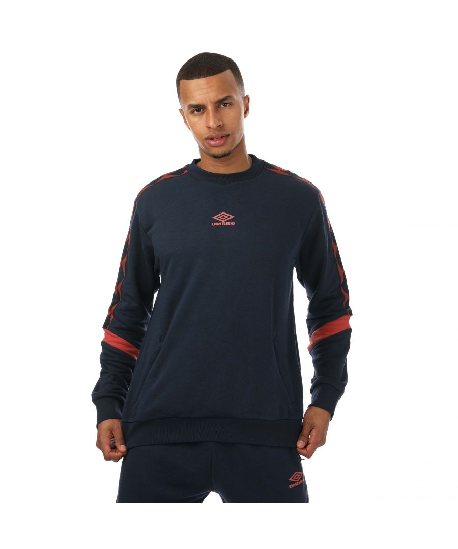 Mens Umbro Diamond Taped Sweatshirt in navy.- Ribbed crewneck.- Zip kangaroo pocket.- Lifestyle diamond tape running down arms & shoulders.- Contrast insert panel to sleeves.- Matte plastisol lifestyle logo to front chest.- Ribbed cuffs and hem.- 70% Cotton  30% Polyester.- Ref: UMJM0651OG6NAV
